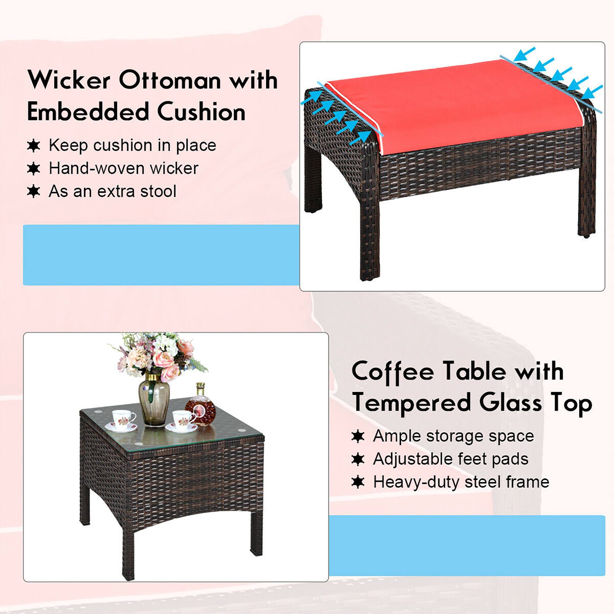 Wicker Ottoman with Embedded Cushion  
- Keep cushion in place  
- Hand-woven wicker  
- As an extra stool  

Coffee Table with Tempered Glass Top  
- Ample storage space  
- Adjustable feet pads  
- Heavy-duty steel frame