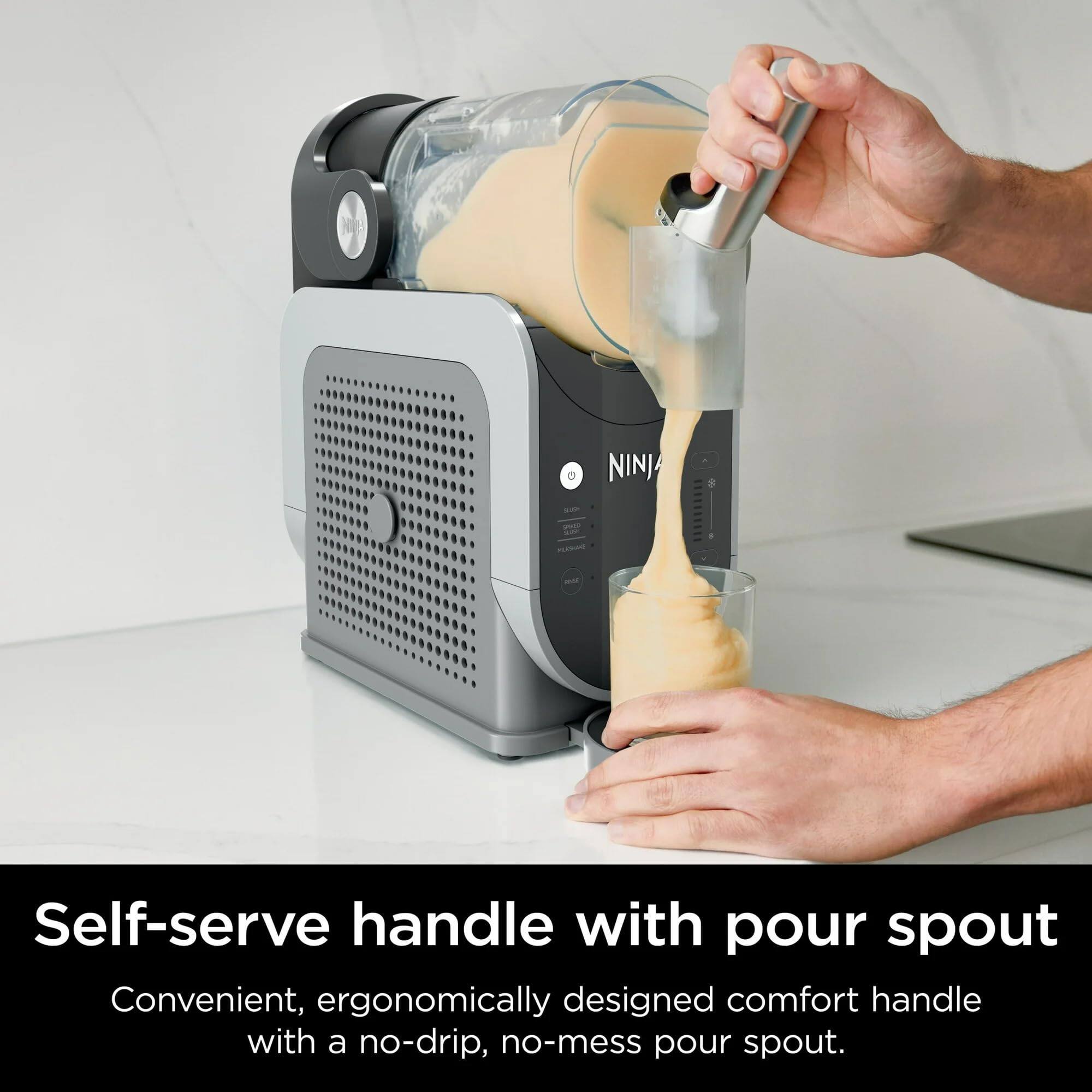 Self-serve handle with pour spout

Convenient, ergonomically designed comfort handle with a no-drip, no-mess pour spout.