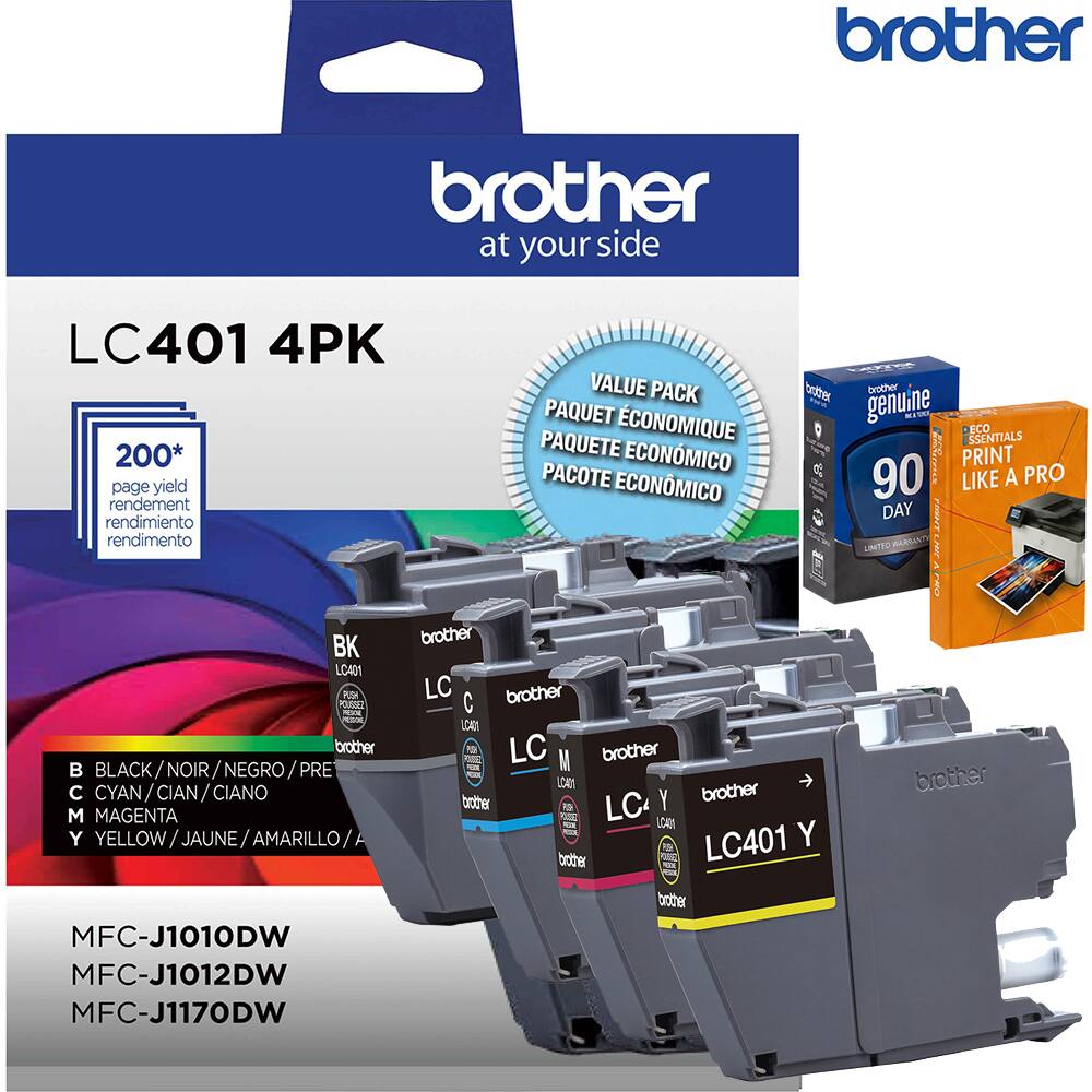 brother at your side LC401 4PK 200* page yield rendement rendimiento rendimento VALUE PACK PAQUET ECONOMIQUE PAQUETE ECONMICO PACOTE ECONMICO brother genuine T ECO SSENTIALS PRINT 90 A PRO LIKE DAY LINTED rin0 2 FR BK LC401 PTN POTERT brother BLACK / NOIR NEGRO PRE C CYAN CIAN CIANO M MAGENTA Y YELLOW / JAUNE AMARILLO MFC-J1010DW MFC-J1012DW MFC-J1170DW brother LC brother C LC M brother P LCAN brother Y brother - A LC LCAN T LC401 Y