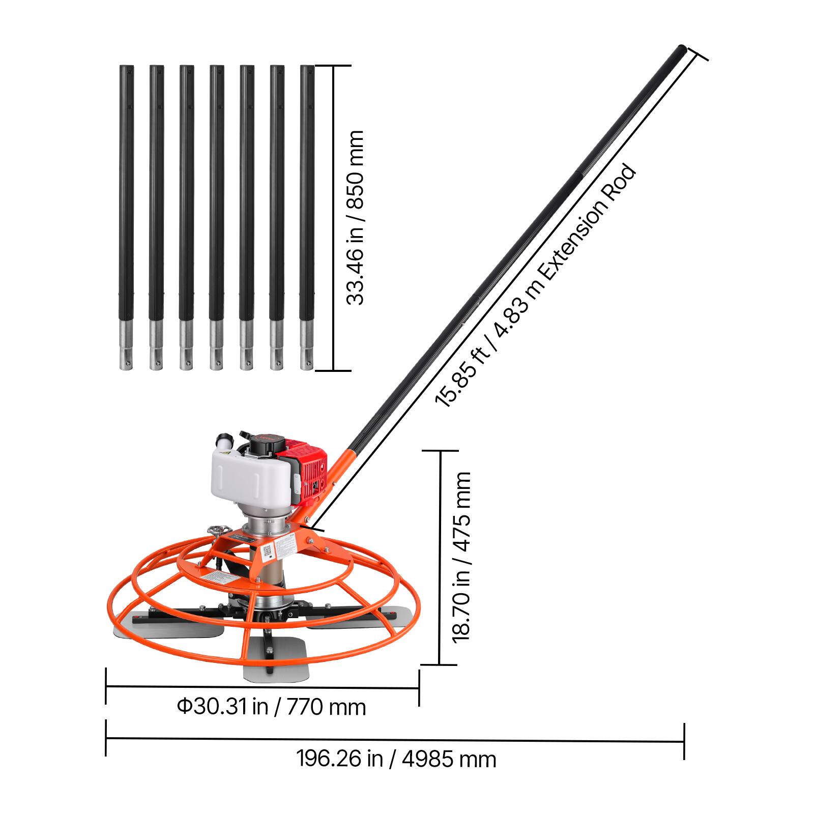 - 33.46 in / 850 mm
- 15.85 ft / 4.83 m Extension Rod
- 18.70 in / 475 mm
- 30.31 in / 770 mm
- 196.26 in / 4985 mm