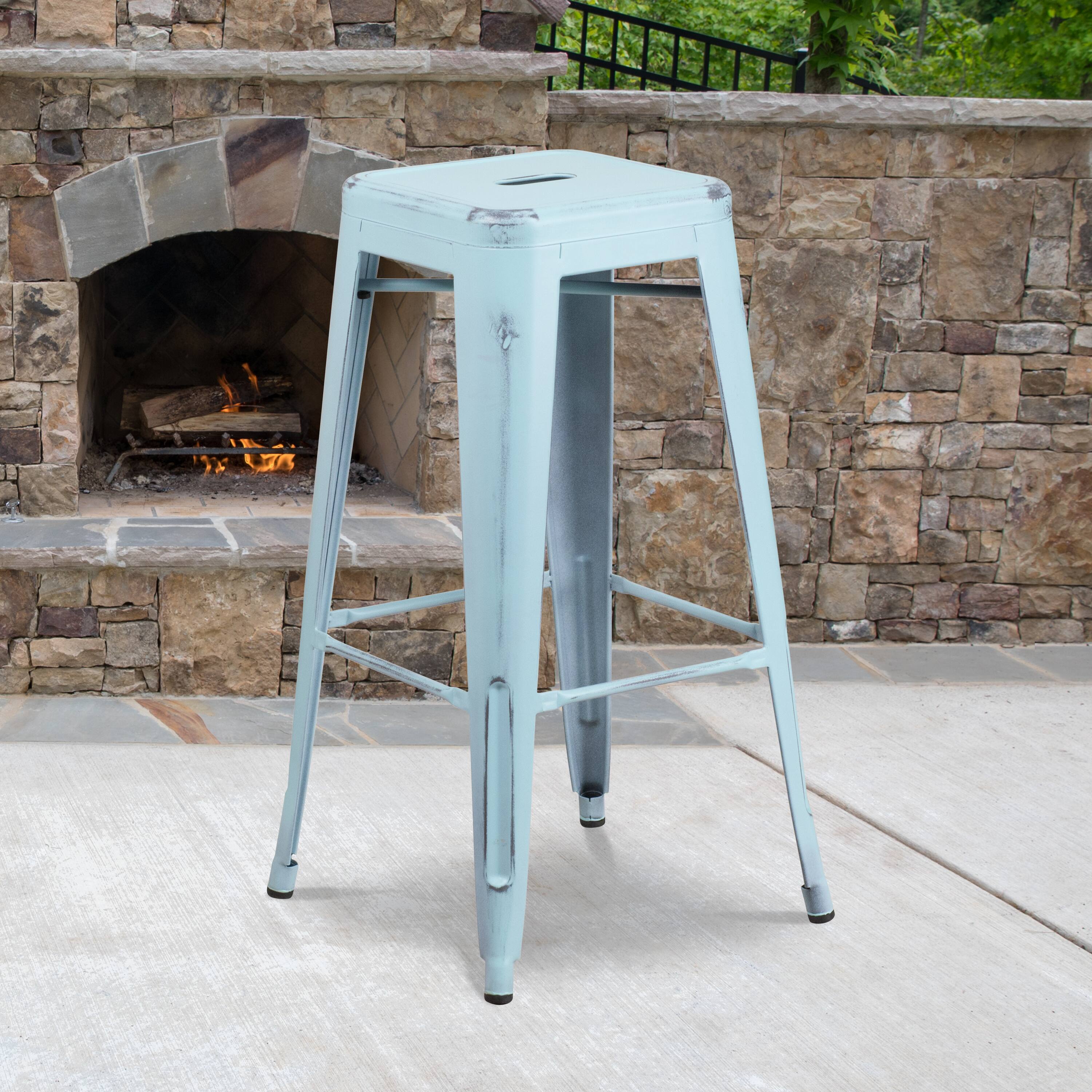 Alt View 2. Emma + Oliver - Commercial Grade 4 Pack 30" High Backless Distressed Metal Indoor-Outdoor Barstool - Green-Blue.