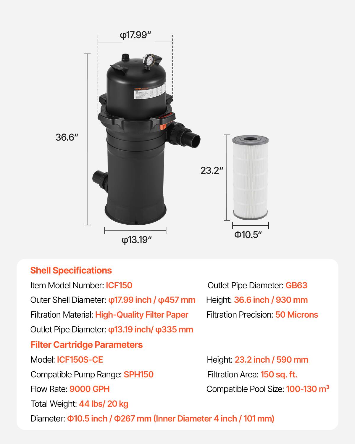 VEVOR Pool Cartridge Filter, 150 sq.ft², High Efficiency Swimming