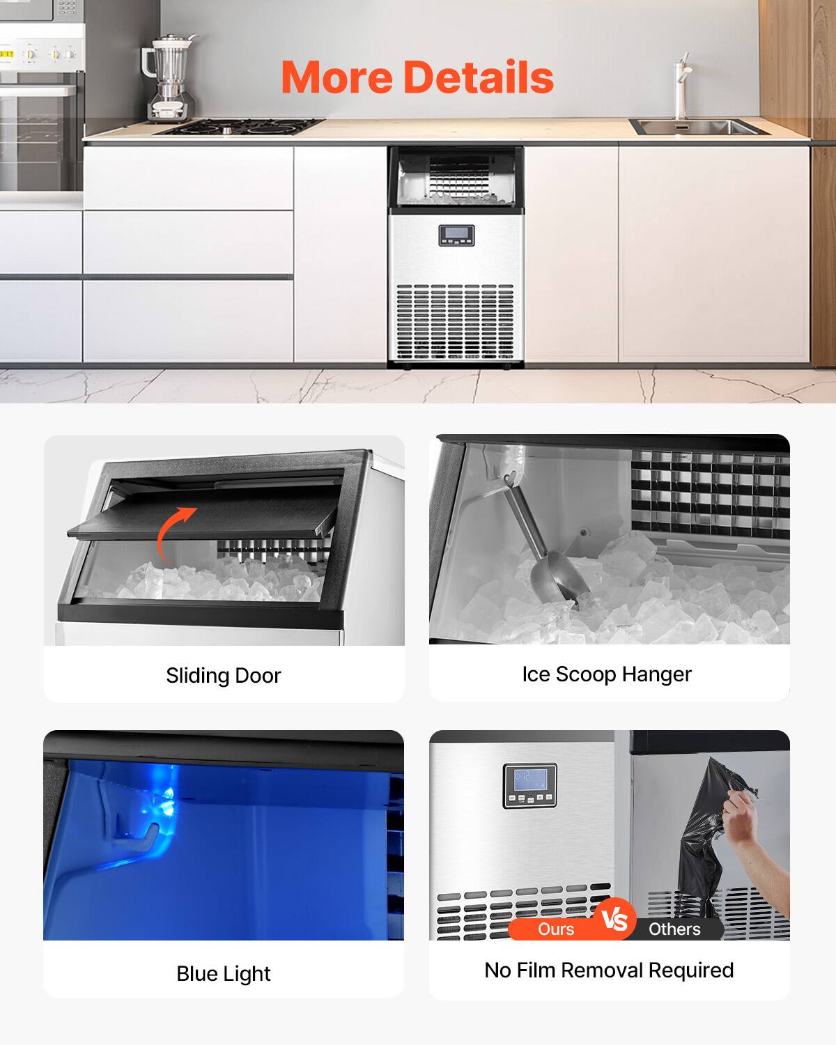 More Details, Sliding Door, Ice Scoop Hanger, Blue Light, Ours Vs Others, No Film Removal Required