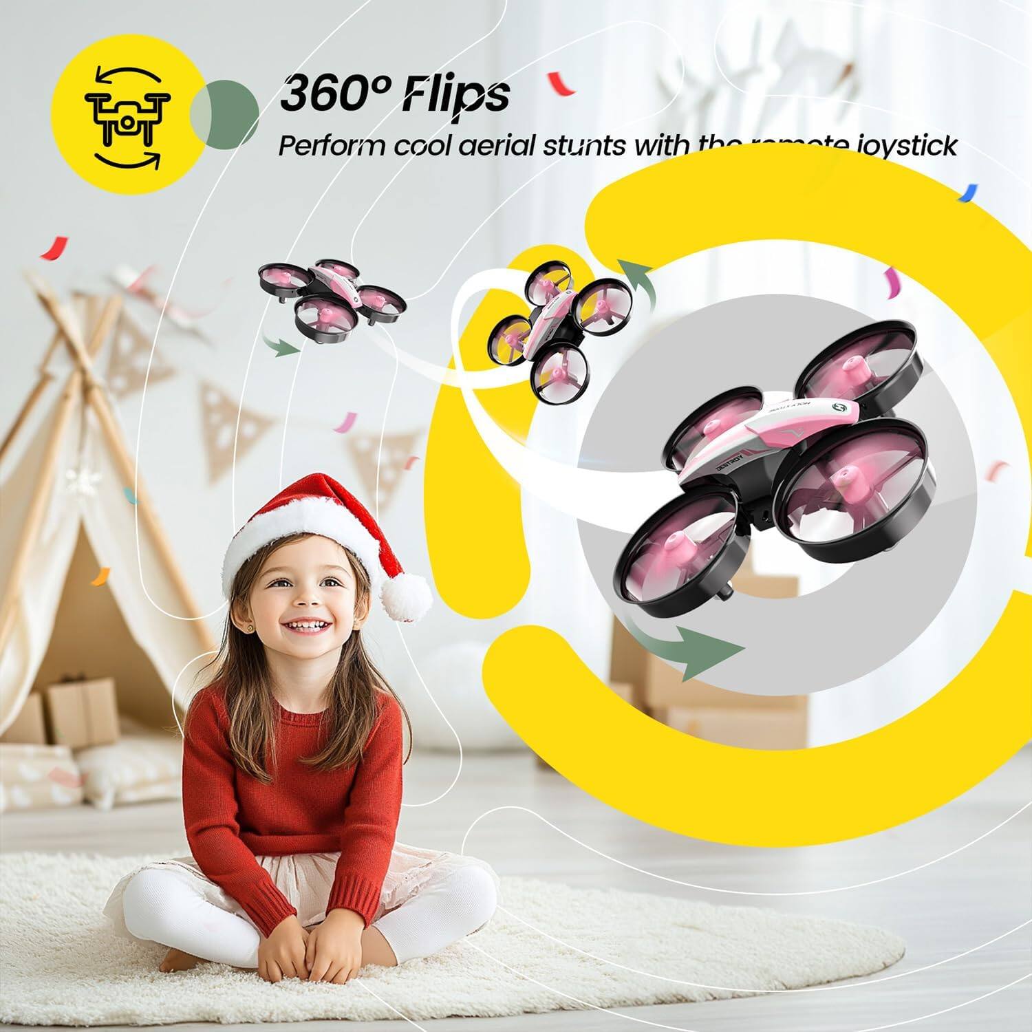 360° Flips  
Perform cool aerial stunts with the remote joystick