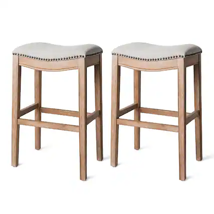 Front. Maven Lane - Maven Lane Adrien Saddle Bar Stool in Weathered Oak Finish w/ Sand Color Fabric Upholstery, Set of 2 - Brown.