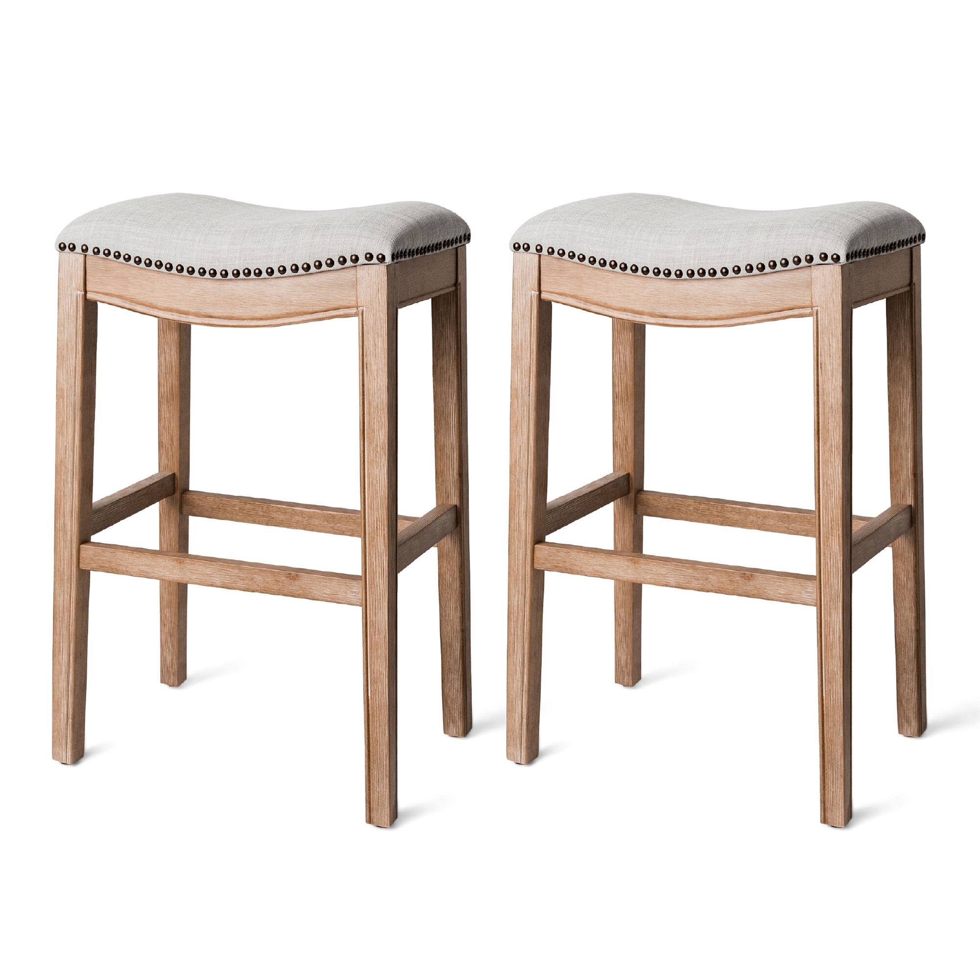 Front. Maven Lane - Maven Lane Adrien Saddle Bar Stool in Weathered Oak Finish w/ Sand Color Fabric Upholstery, Set of 2 - Weathered Oak.