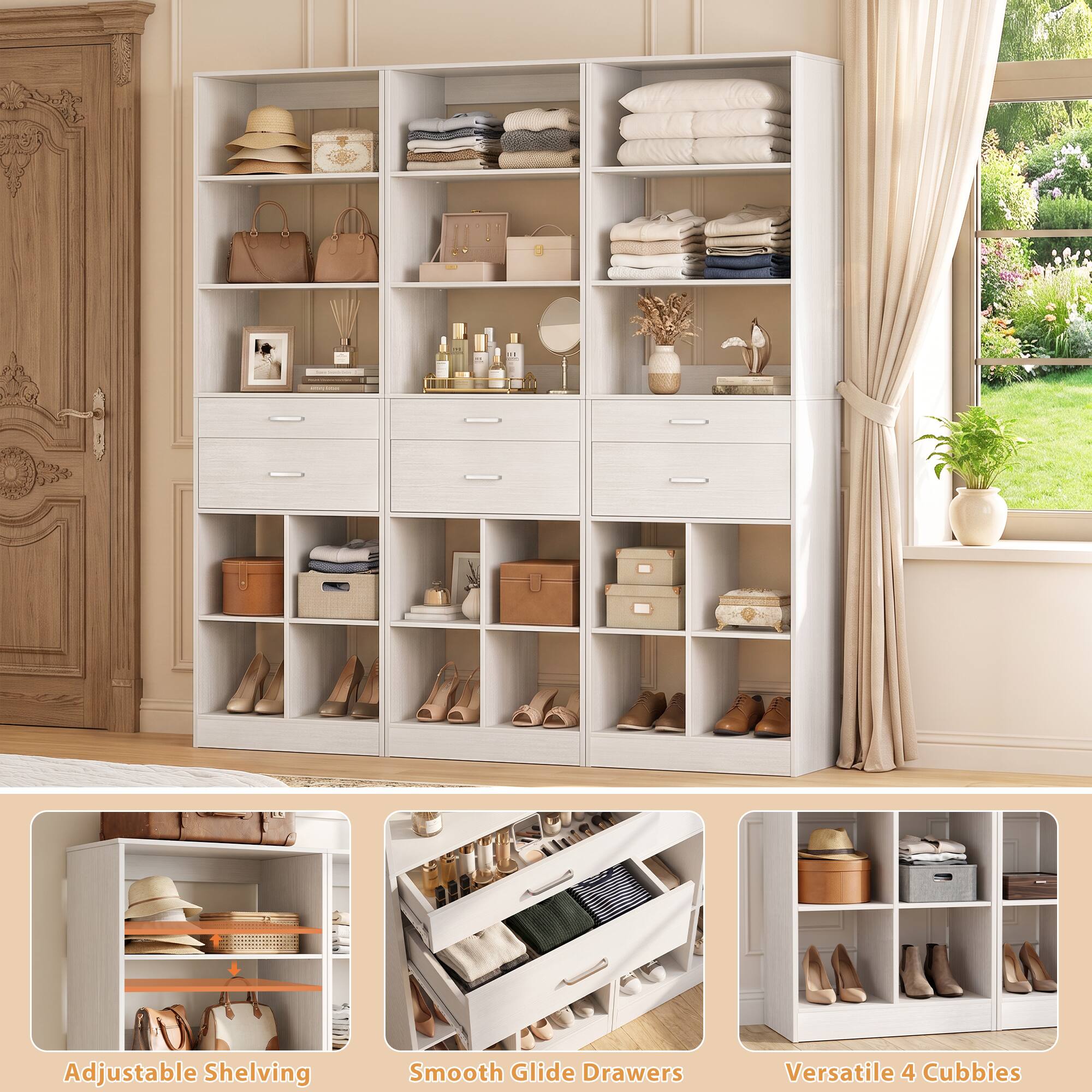 Adjustable Shelving  
Smooth Glide Drawers  
Versatile 4 Cubbies