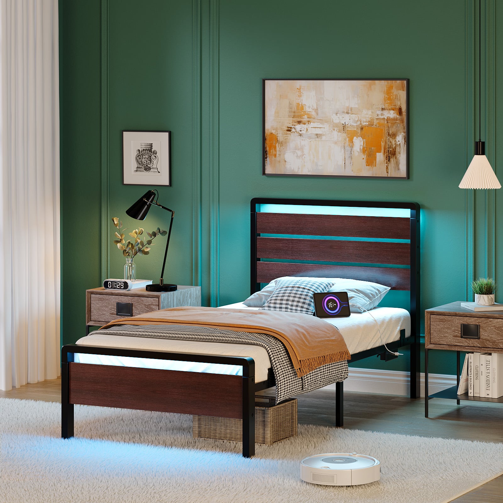 Winado - Twin Size Platform Bed Frame with LED Headboard, USB Charging Station, Metal Panel Bed with 12" Under Bed Storage Space - Mahogany Brown