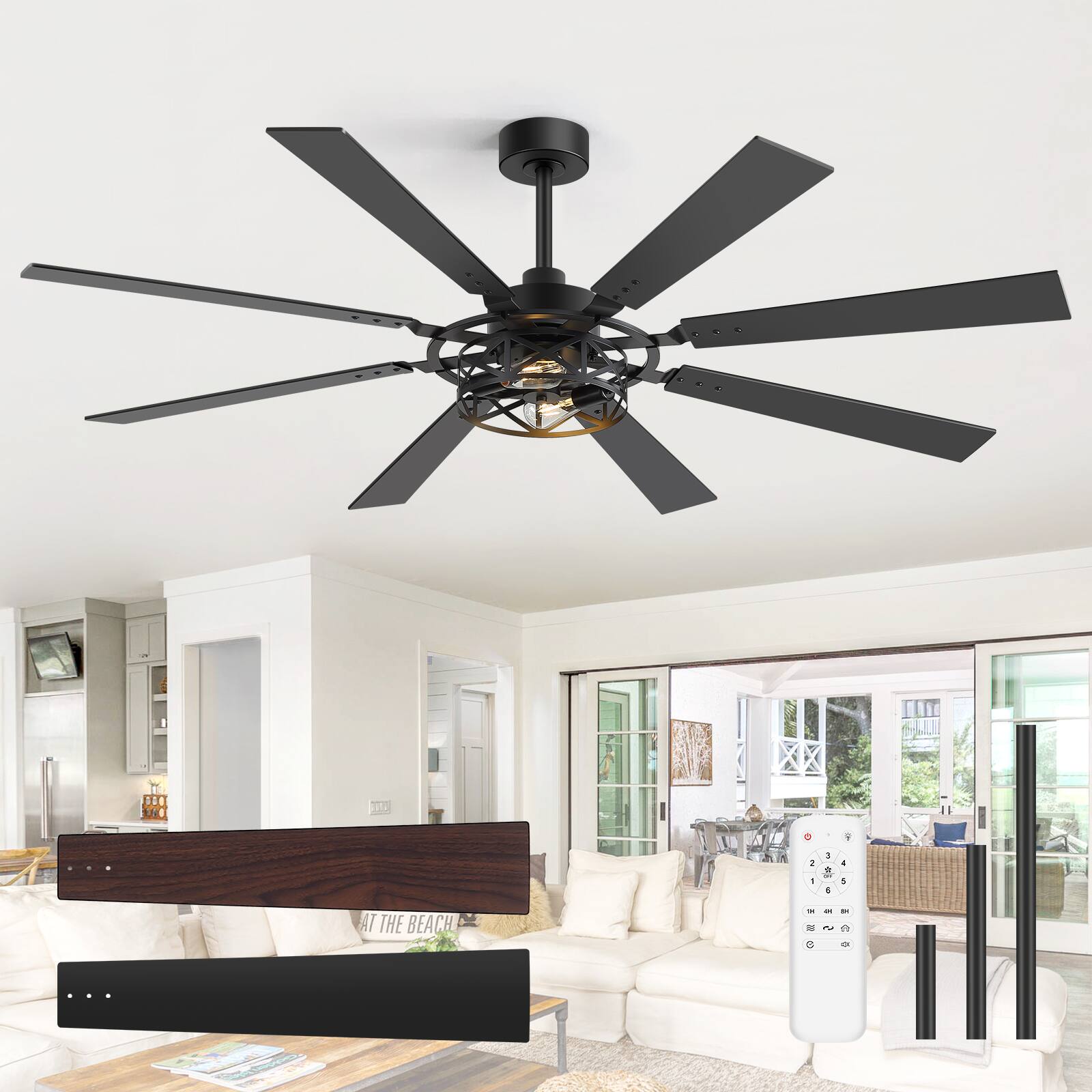 Breezary - 65-Inch Traditional Ceiling Fan with Dual Bulb Light Kit, 8 Reversible Blades, DC Motor, 6 Speeds, Remote & Timer - Black and Walnut