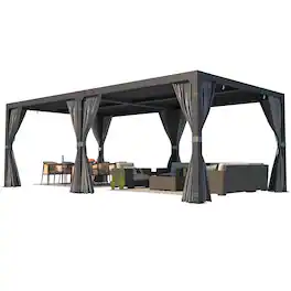 U-HOMY - 12x20 Outdoor Pergola, Louvered Pergola with Adjustable Aluminum Rainproof Roof for Patio, Backyard, Pool party - Black