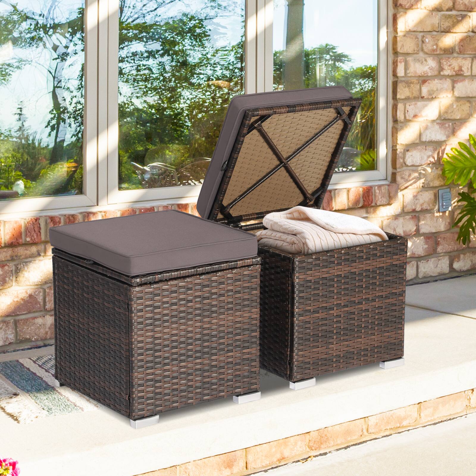 Alt View 4. Costway - 2PCS Patio Rattan Ottomans Seat Side Table Storage Box Footstool with Cushions - Grey + Mix Brown.