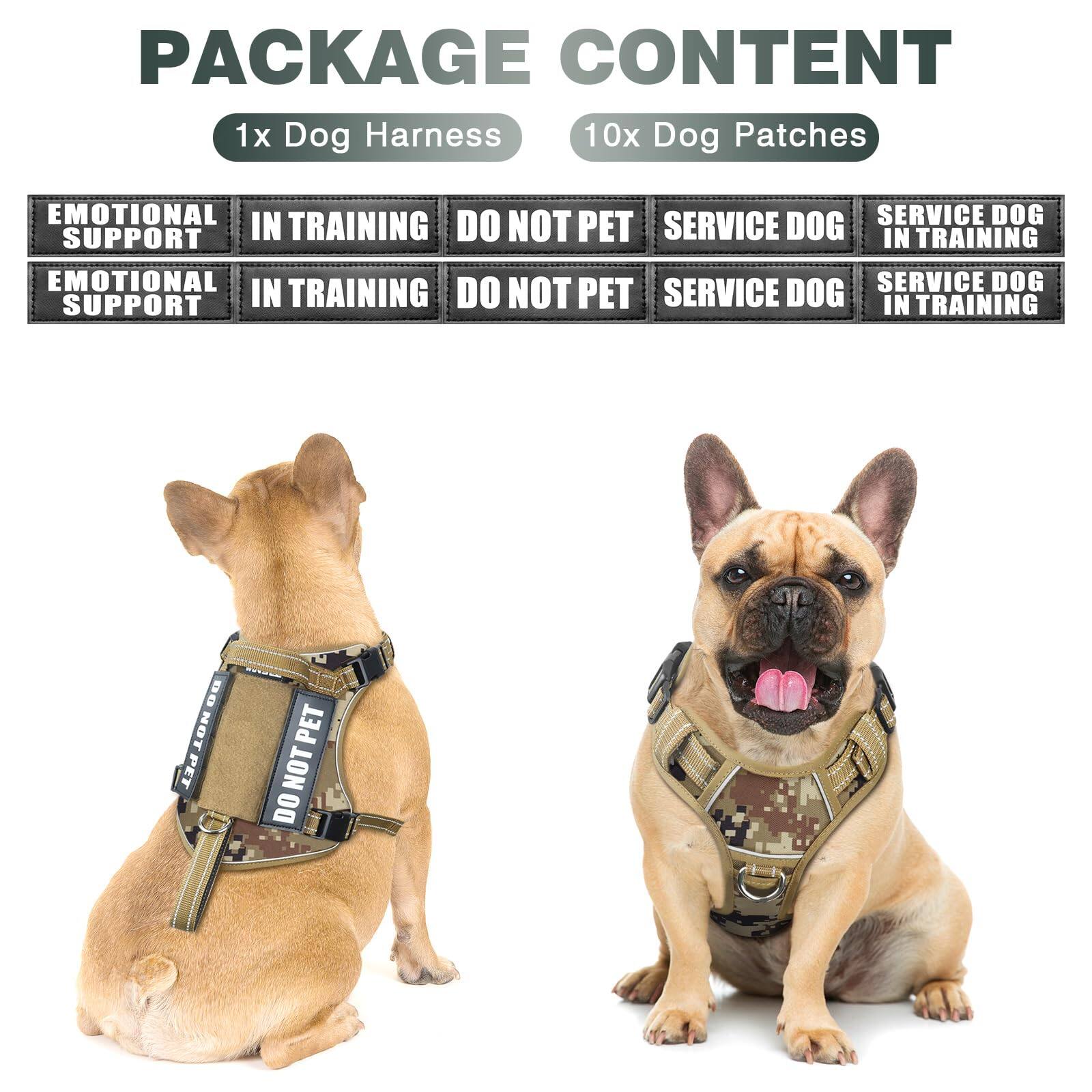 PACKAGE CONTENT  
1x Dog Harness  
10x Dog Patches  

EMOTIONAL SUPPORT  
IN TRAINING  
DO NOT PET  
SERVICE DOG  
SERVICE DOG IN TRAINING  

EMOTIONAL SUPPORT  
IN TRAINING  
DO NOT PET  
SERVICE DOG  
SERVICE DOG IN TRAINING