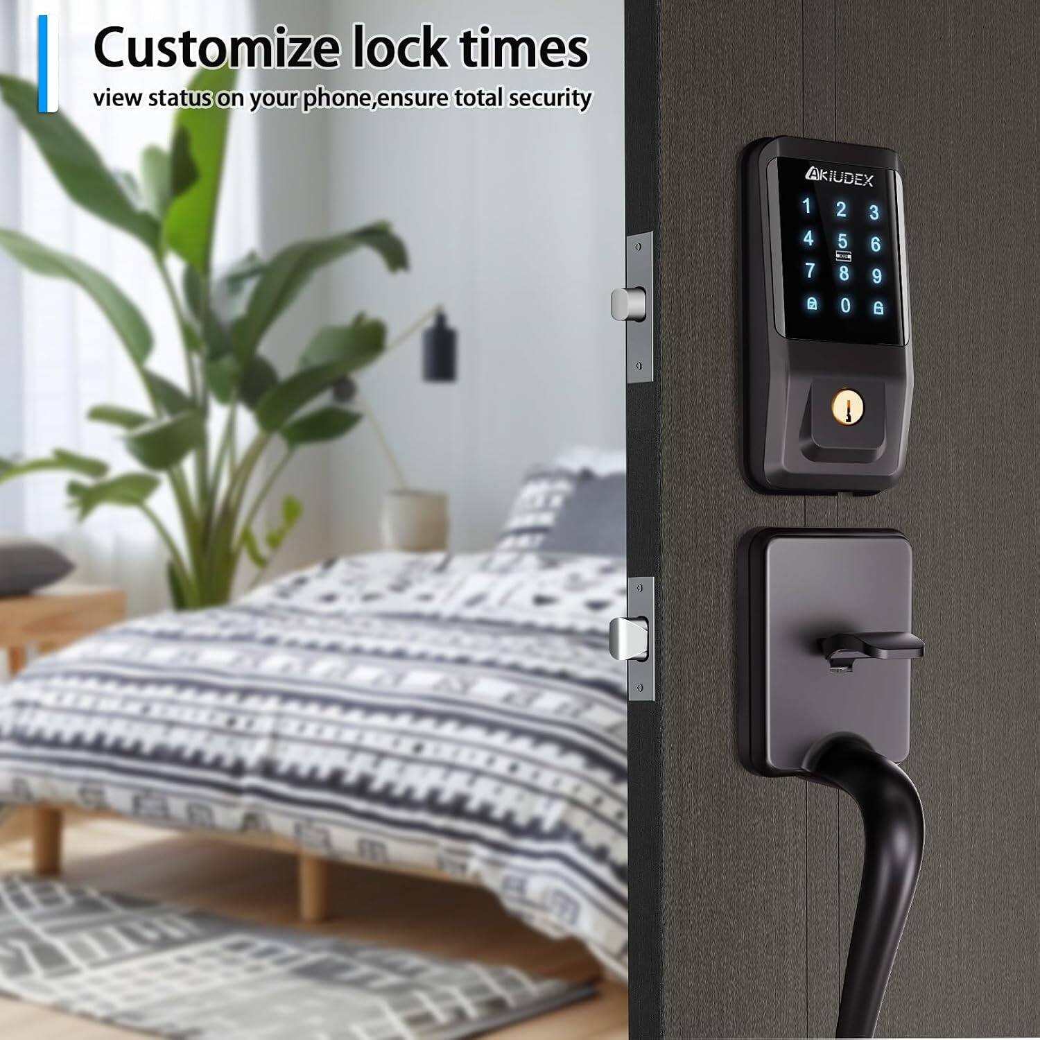 Customize lock times  
view status on your phone, ensure total security  

AKIUDX  
1 2 3  
4 5 6  
7 8 9  
e 0 6  
3 1 1 0