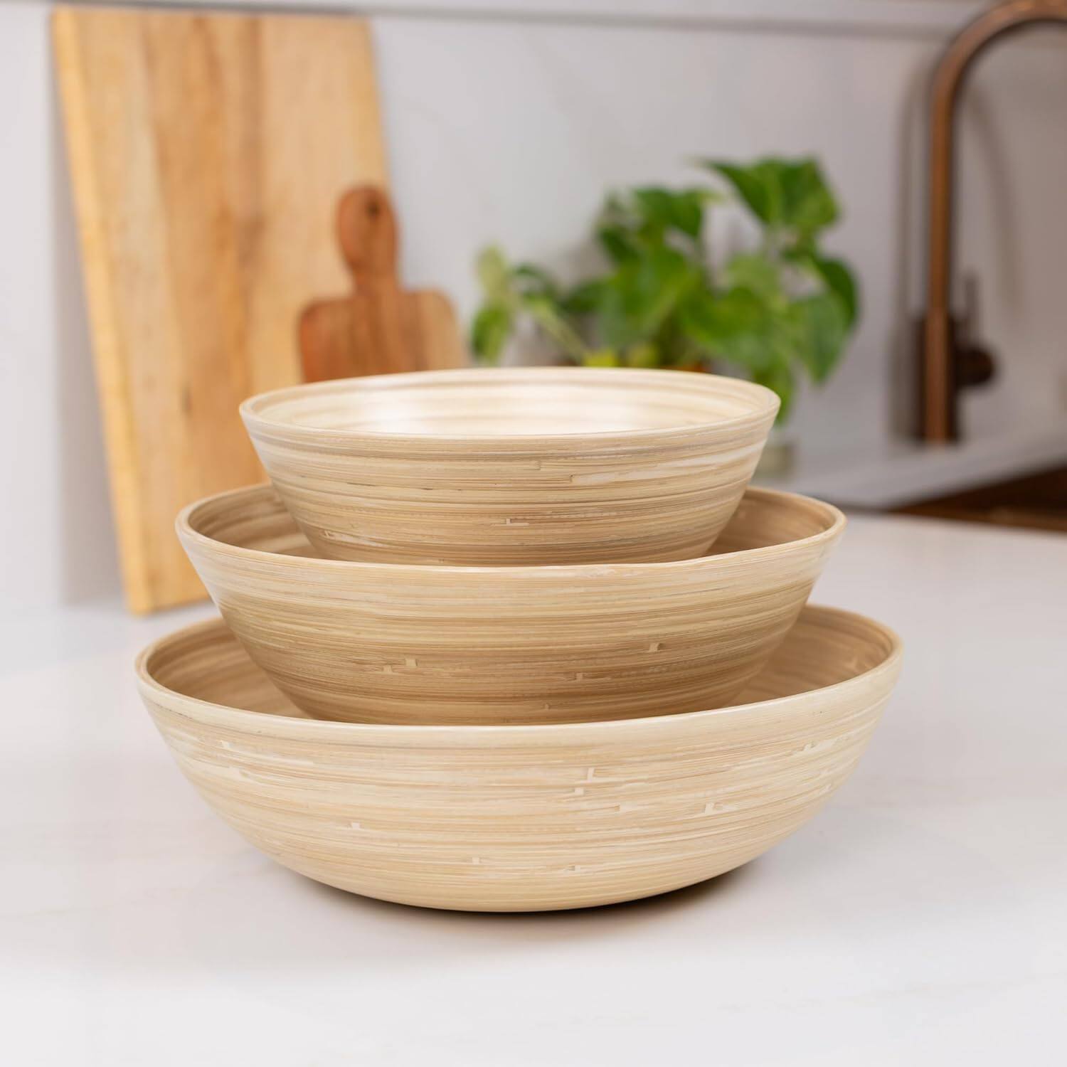 Angle. Lexa - Bamboo 3-Piece Bowl Set, 12, 10, 8 Inch, Natural Bamboo - Natural.