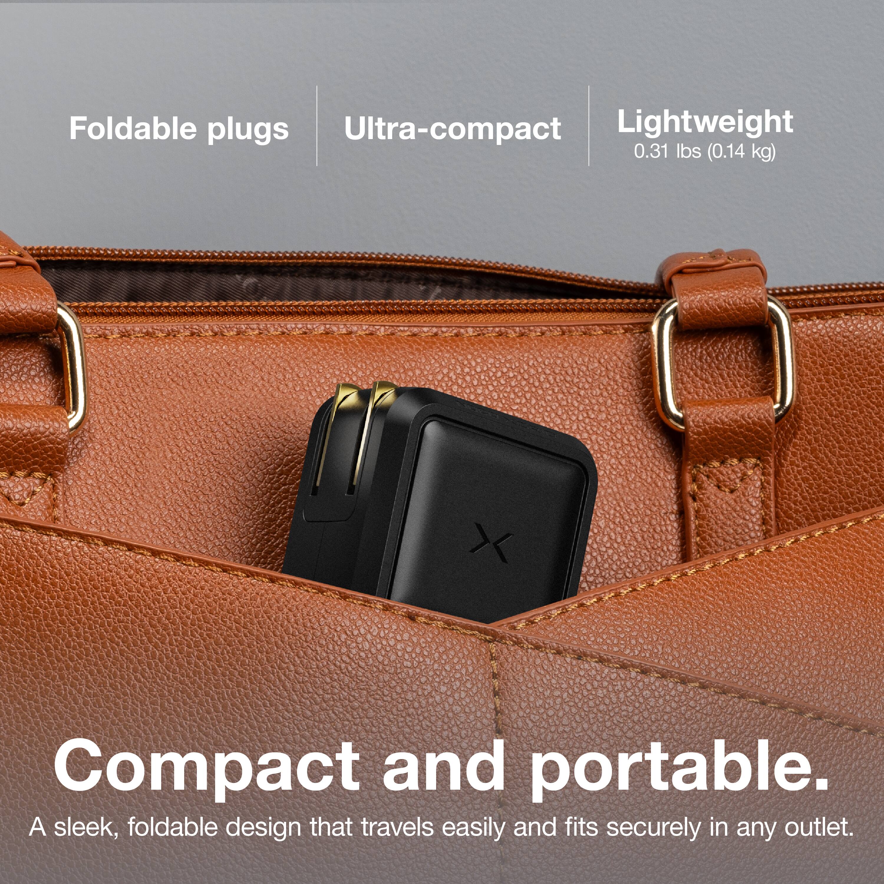 Foldable plugs  
Ultra-compact  
Lightweight  
0.31 lbs (0.14 kg)  

Compact and portable.  
A sleek, foldable design that travels easily and fits securely in any outlet.
