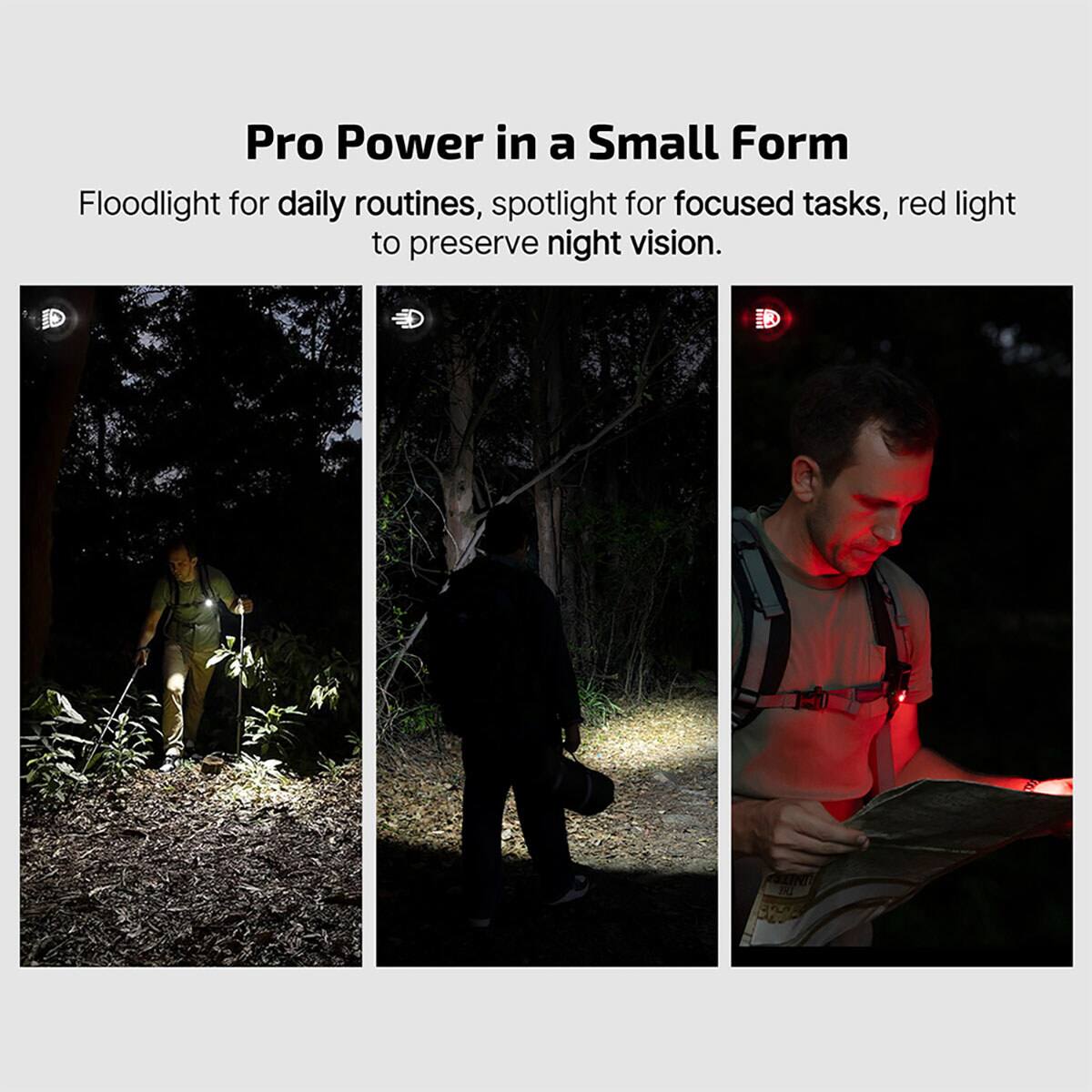 Pro Power in a Small Form

Floodlight for daily routines, spotlight for focused tasks, red light to preserve night vision.