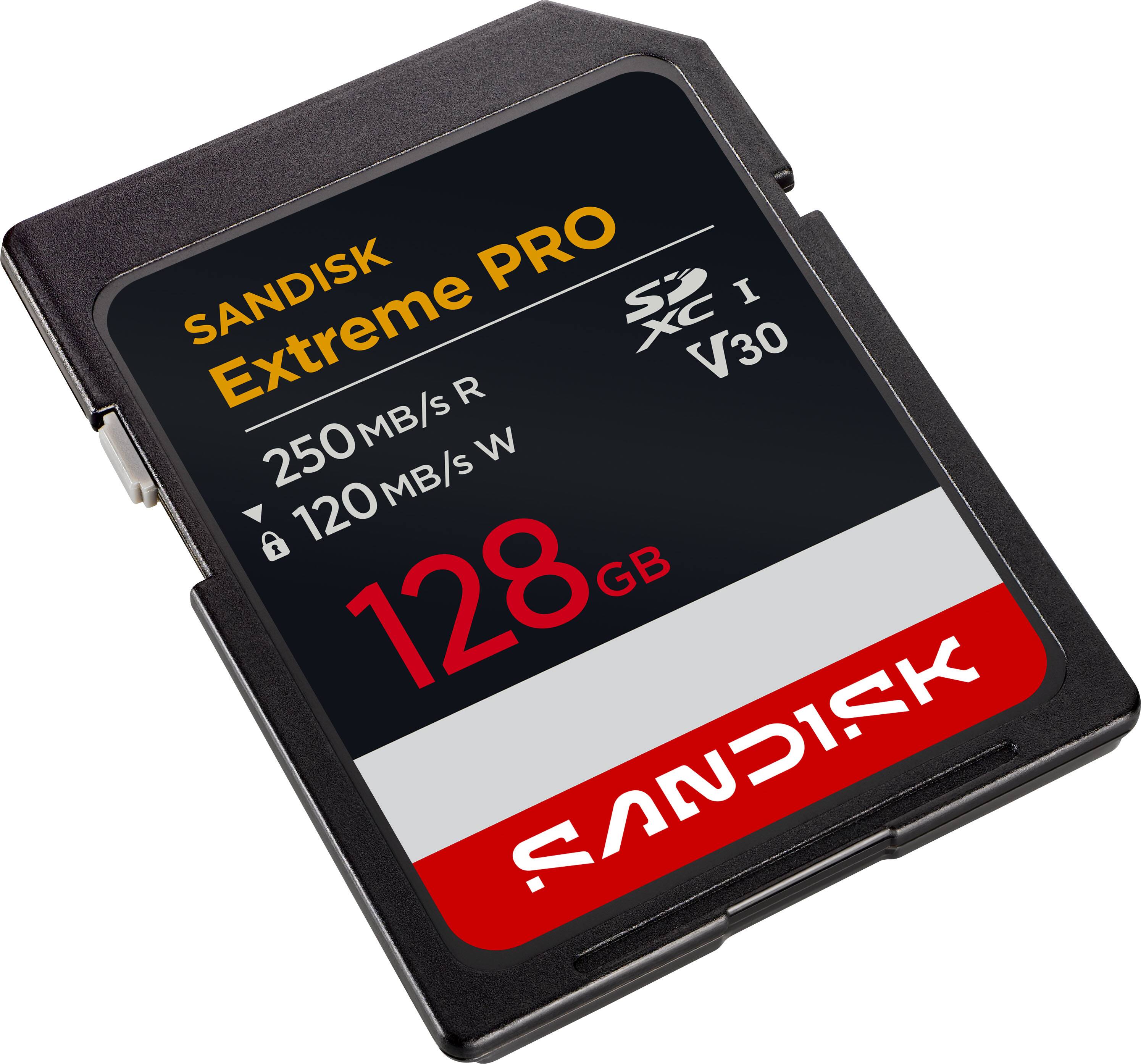 SANDISK  
Extreme PRO  
250MB/s R  
120MB/s W  
128 GB  

SDXC I  
V30