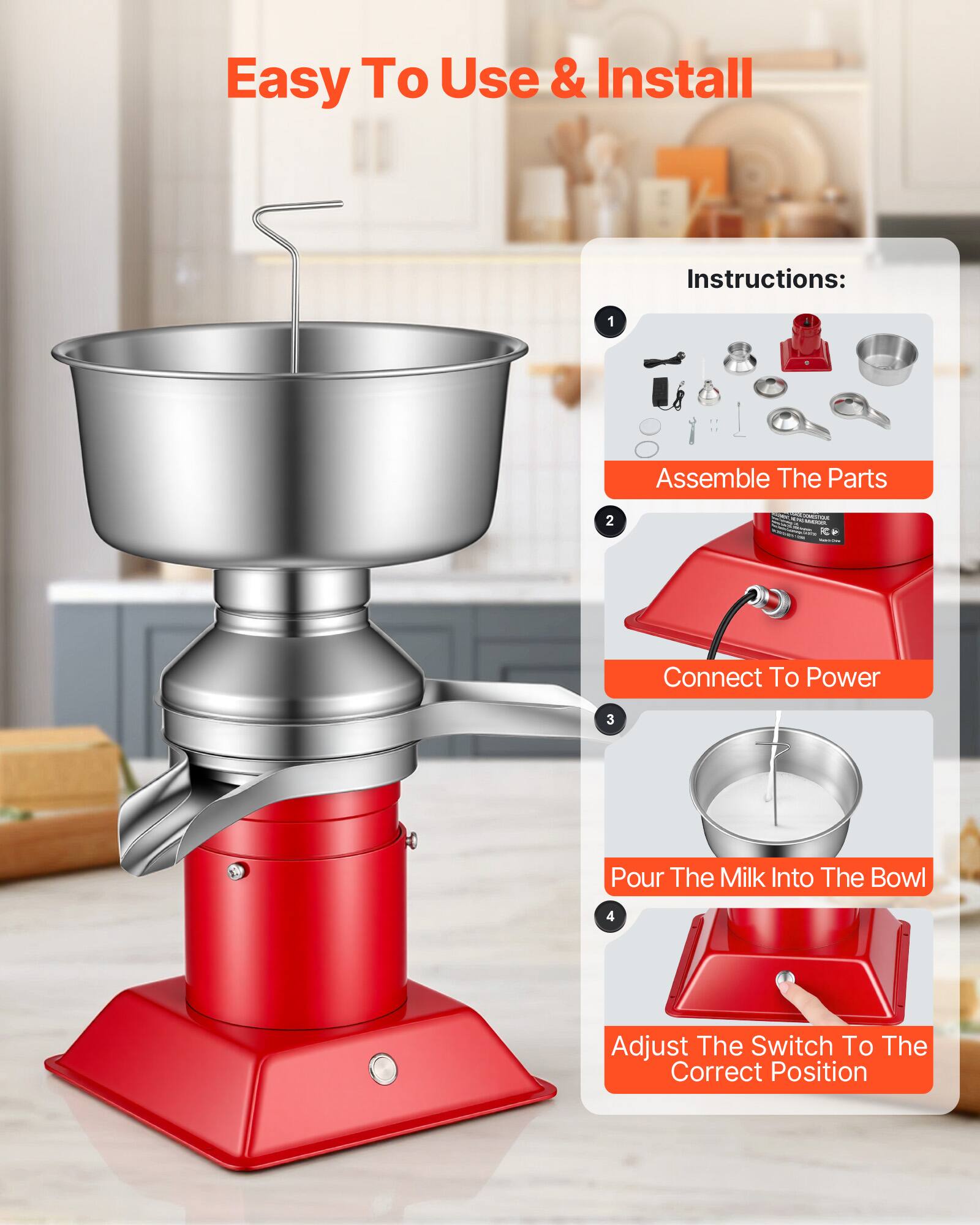 Easy To Use & Install

Instructions:
1. Assemble The Parts
2. Connect To Power
3. Pour The Milk Into The Bowl
4. Adjust The Switch To The Correct Position