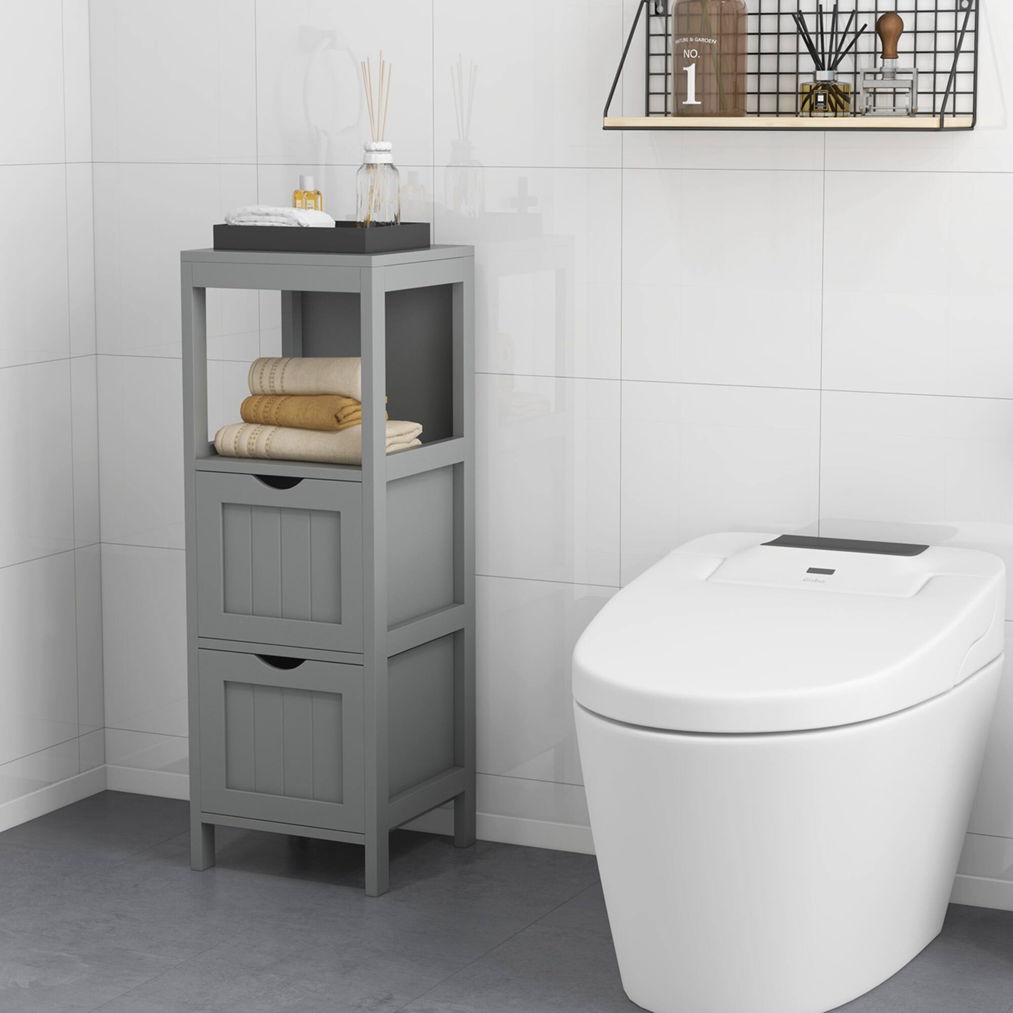 Alt View 1. Costway - Costway Bathroom Floor Cabinet Freestanding Side Storage Organizer with 2 Removable Drawers - Gray.