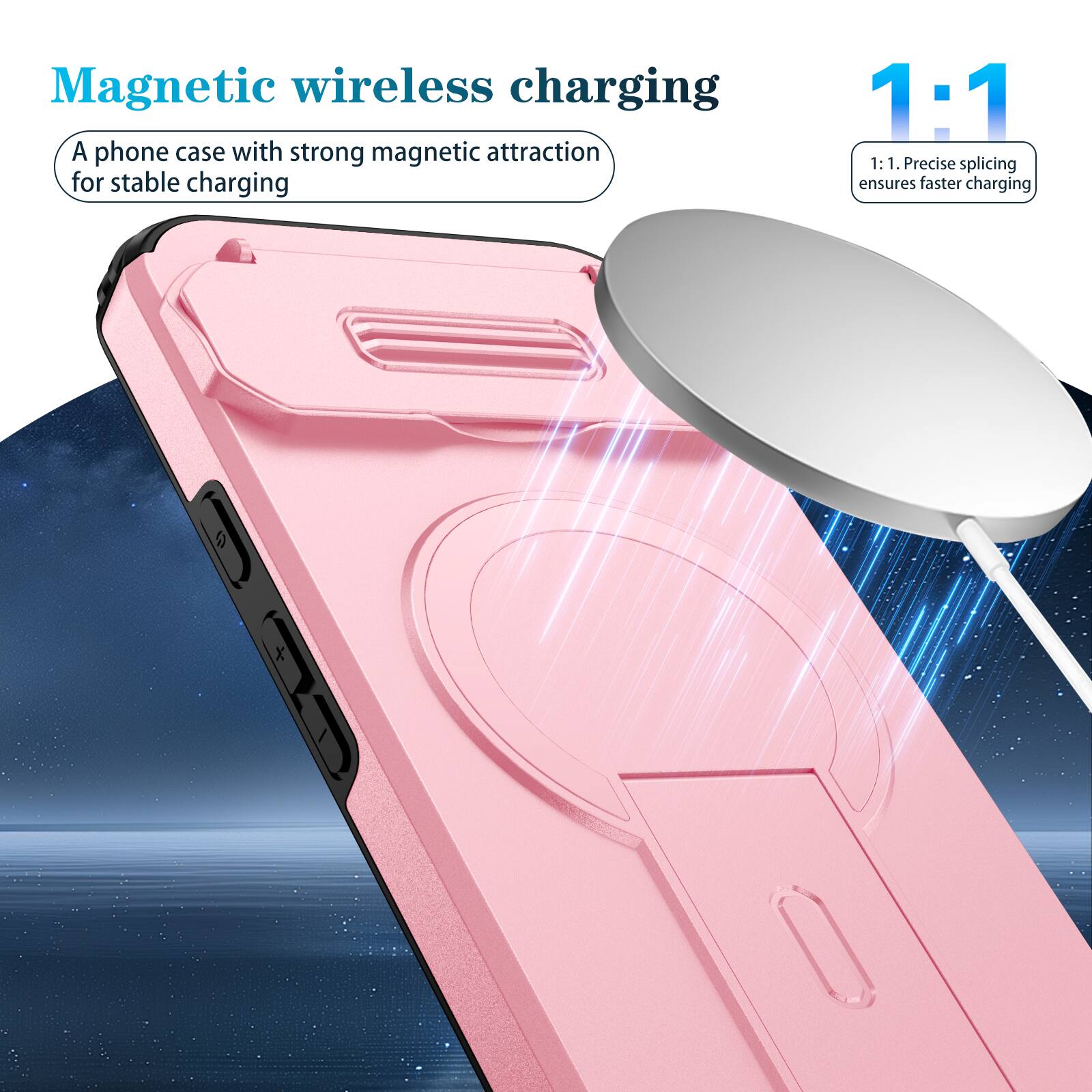 Magnetic wireless charging

A phone case with strong magnetic attraction for stable charging

1:1

1:1. Precise splicing ensures faster charging