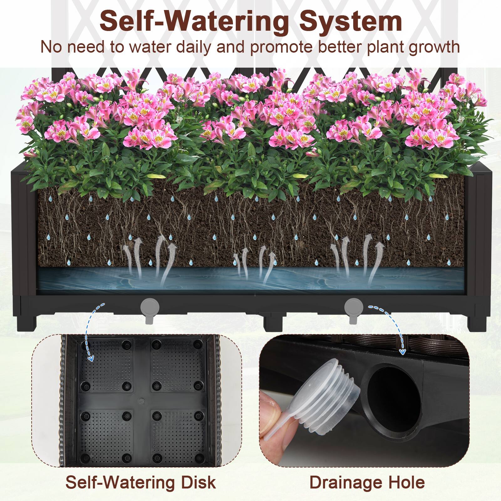 Self-Watering System  
No need to water daily and promote better plant growth  

Self-Watering Disk  
Drainage Hole