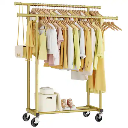 Front. Hirose Alice - Double Rods Clothes Rack Sturdy Rolling Clothing Rack Clothing Racks for Hanging Clothes Metal Garment - Gold Double Rod.