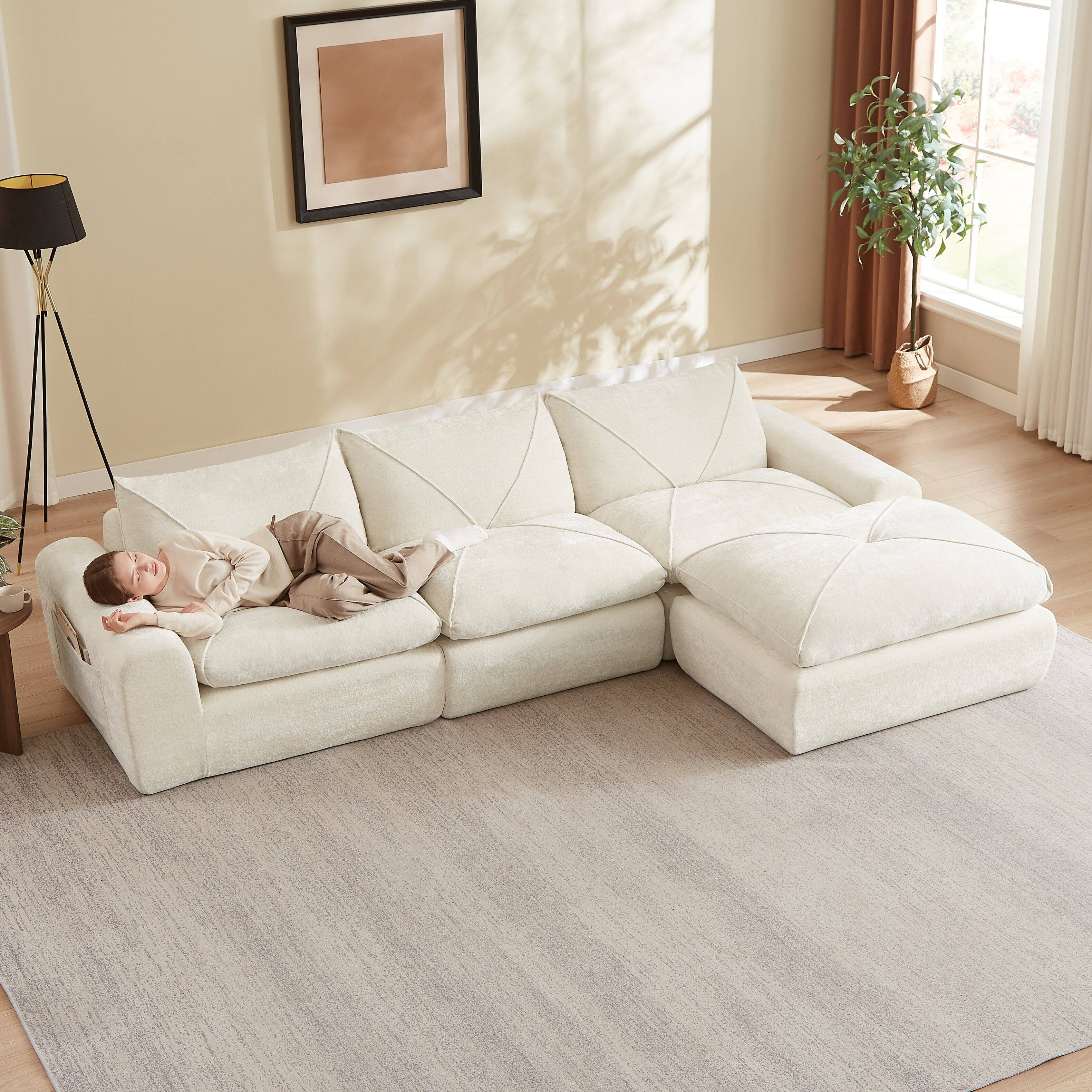 Alt View 1. Loheer - Loheer 119 Inch Chenille Sectional Sofa with Ottoman Modern Minimalist Living Room Couch for Family - Beige.