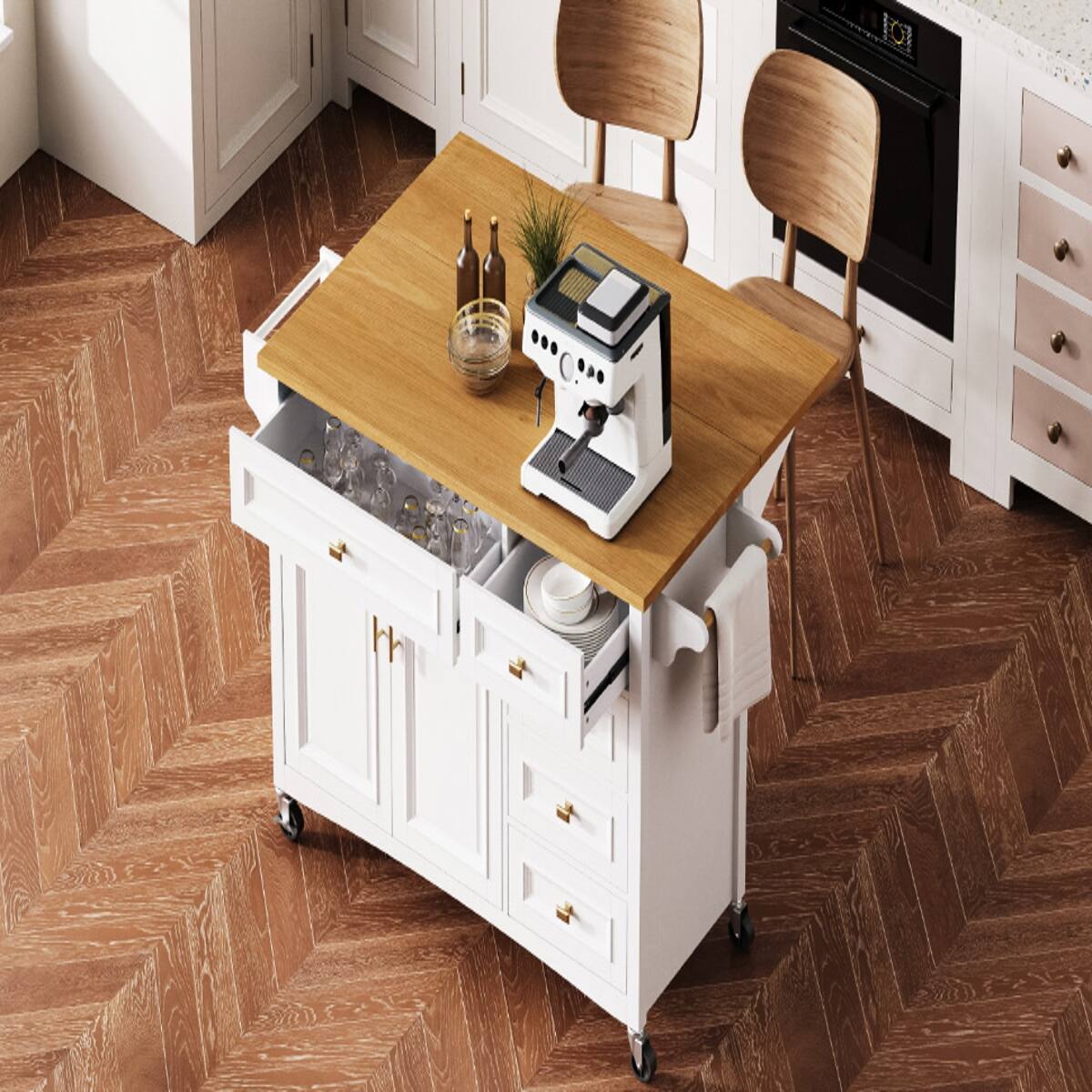 Left. Loheer - Loheer 52 inch kitchen island with drop leaf white rolling kitchen cart with spice rack - White.