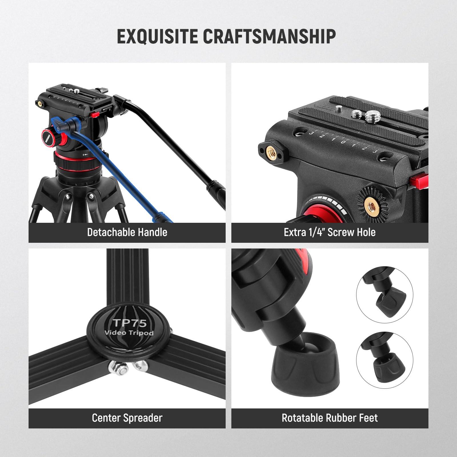 EXQUISITE CRAFTSMANSHIP

- Detachable Handle
- Extra 1/4" Screw Hole
- Center Spreader
- Rotatable Rubber Feet

TP75 Video Tripod