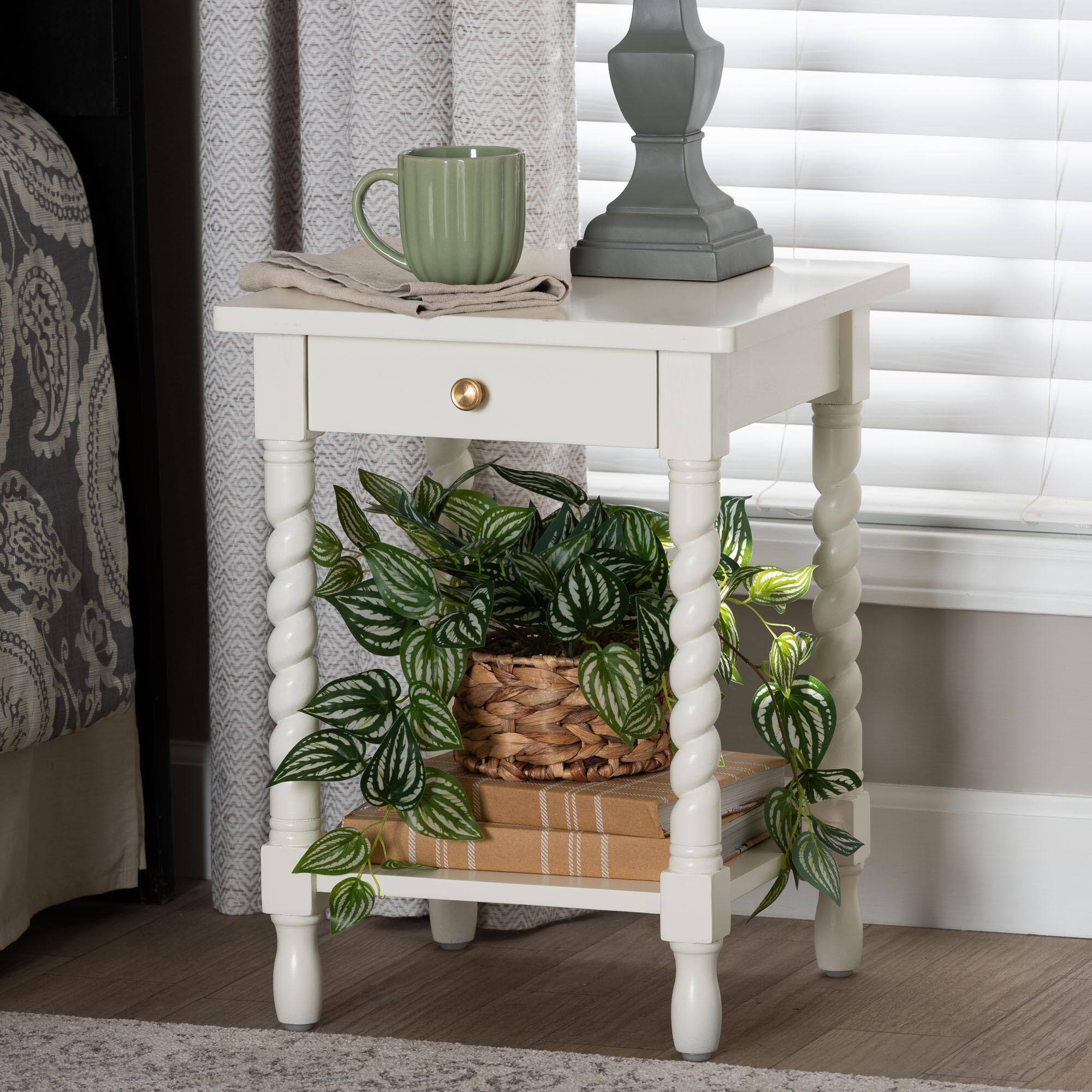 Alt View 5. bali & pari - Baxton Studio Niklas Nightstand with Twisted Legs - 1-Drawer Bedroom Side Table with Storage Shelf, White - White.