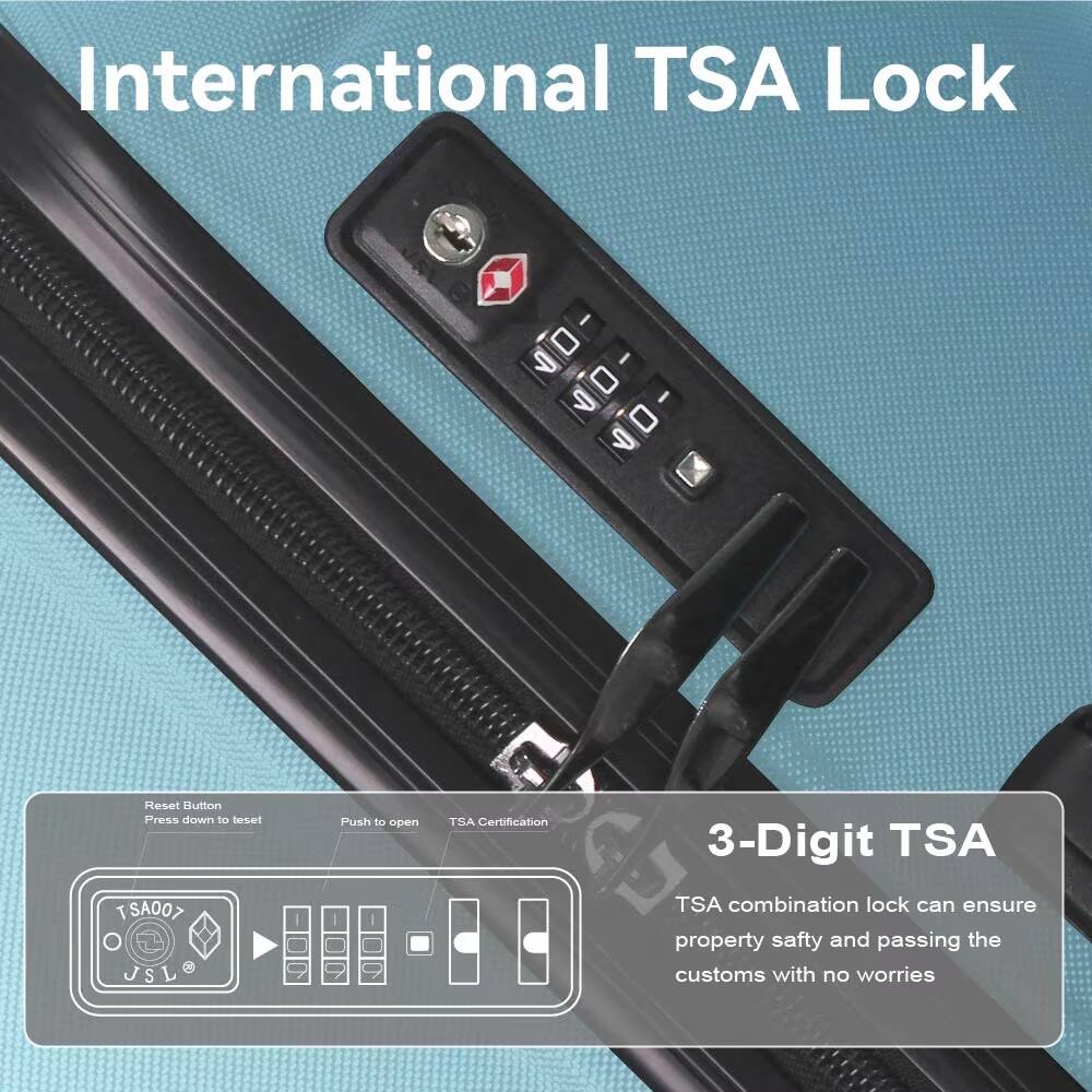 International TSA Lock

Reset Button
Press down to reset

Push to open

TSA Certification

TSA 3-Digit combination lock
TSA can ensure property safety and passing the customs with no worries

3-Digit TSA
TSA combination lock can ensure property safety and passing the customs with no worries