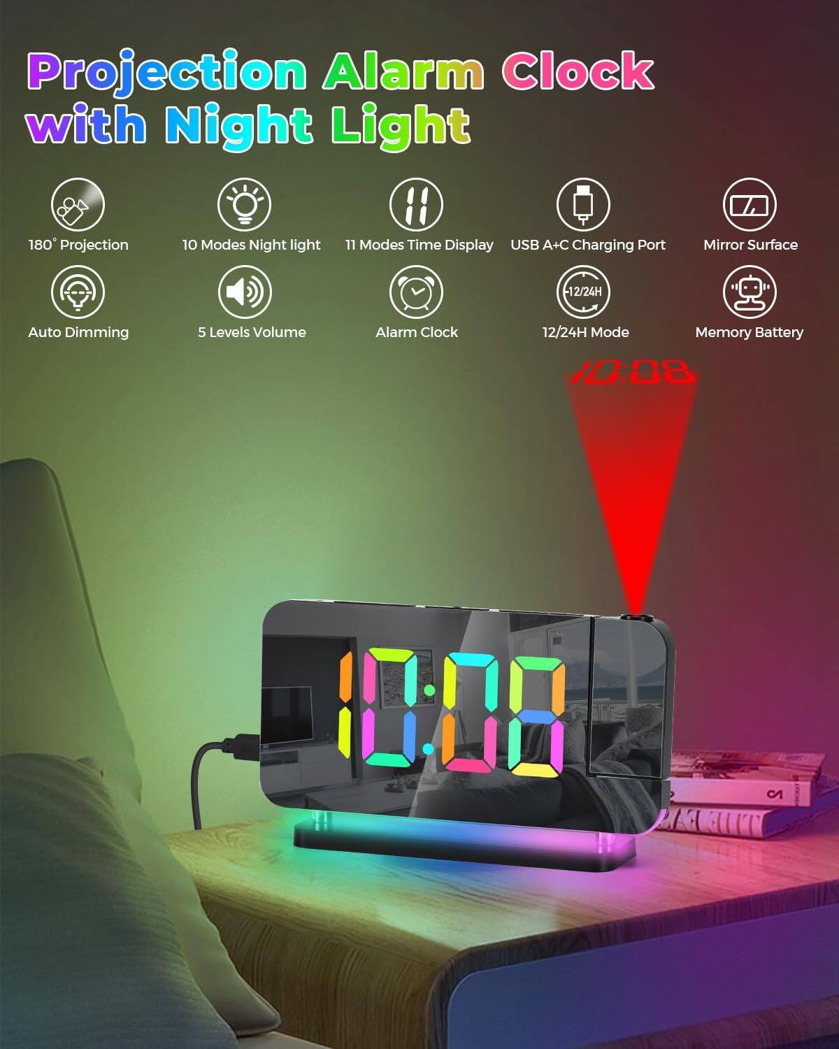 Projection Alarm Clock with Night Light

- 180° Projection
- 10 Modes Night Light
- 11 Modes Time Display
- USB A+C Charging Port
- Mirror Surface
- Auto Dimming
- 5 Levels Volume
- Alarm Clock
- 12/24H Mode
- Memory Battery

10:08