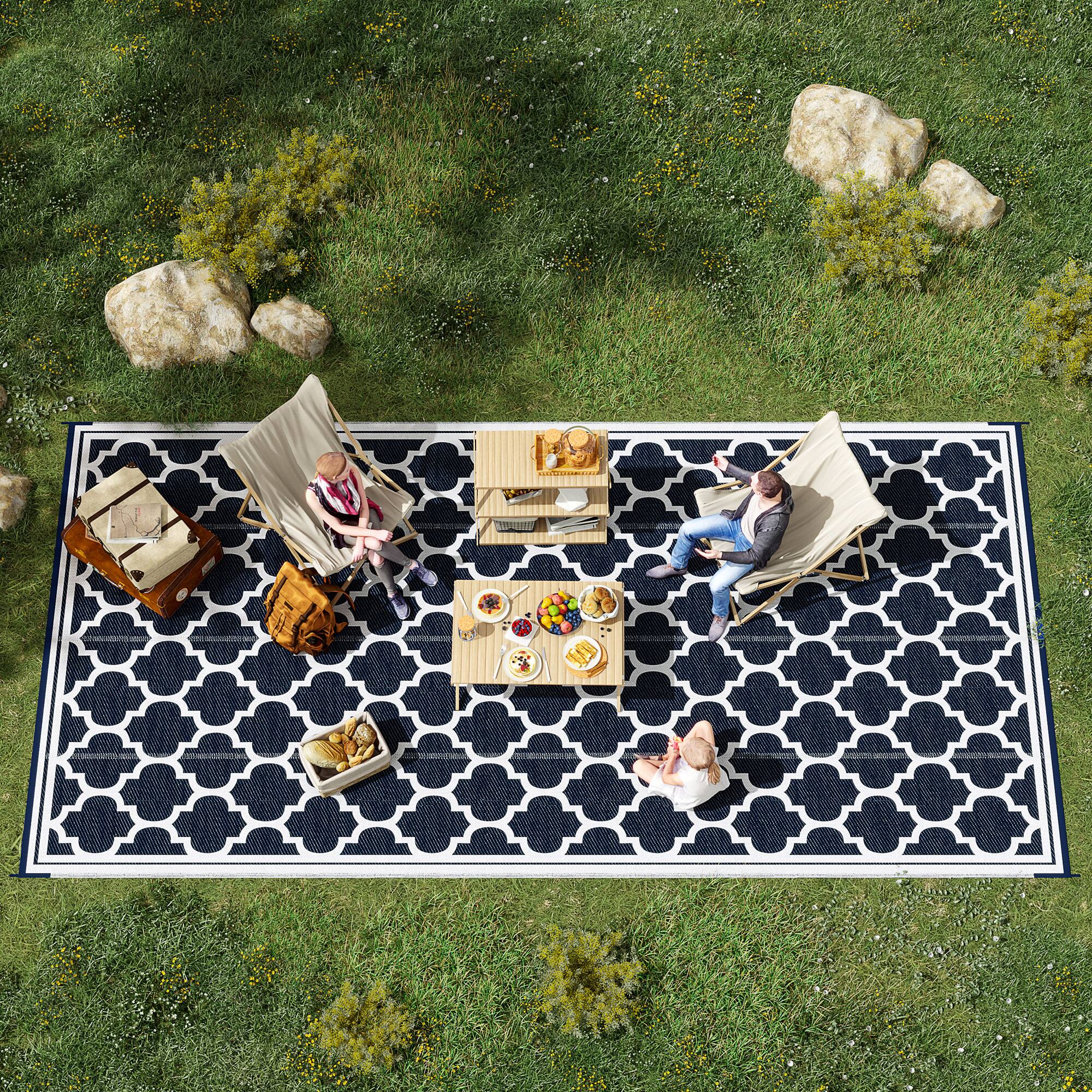 Alt View 1. Outsunny - Reversible Outdoor Rug, 9' x 18' Waterproof Plastic Straw Floor Mat, Portable RV Camping Carpet - Dark Blue, White.