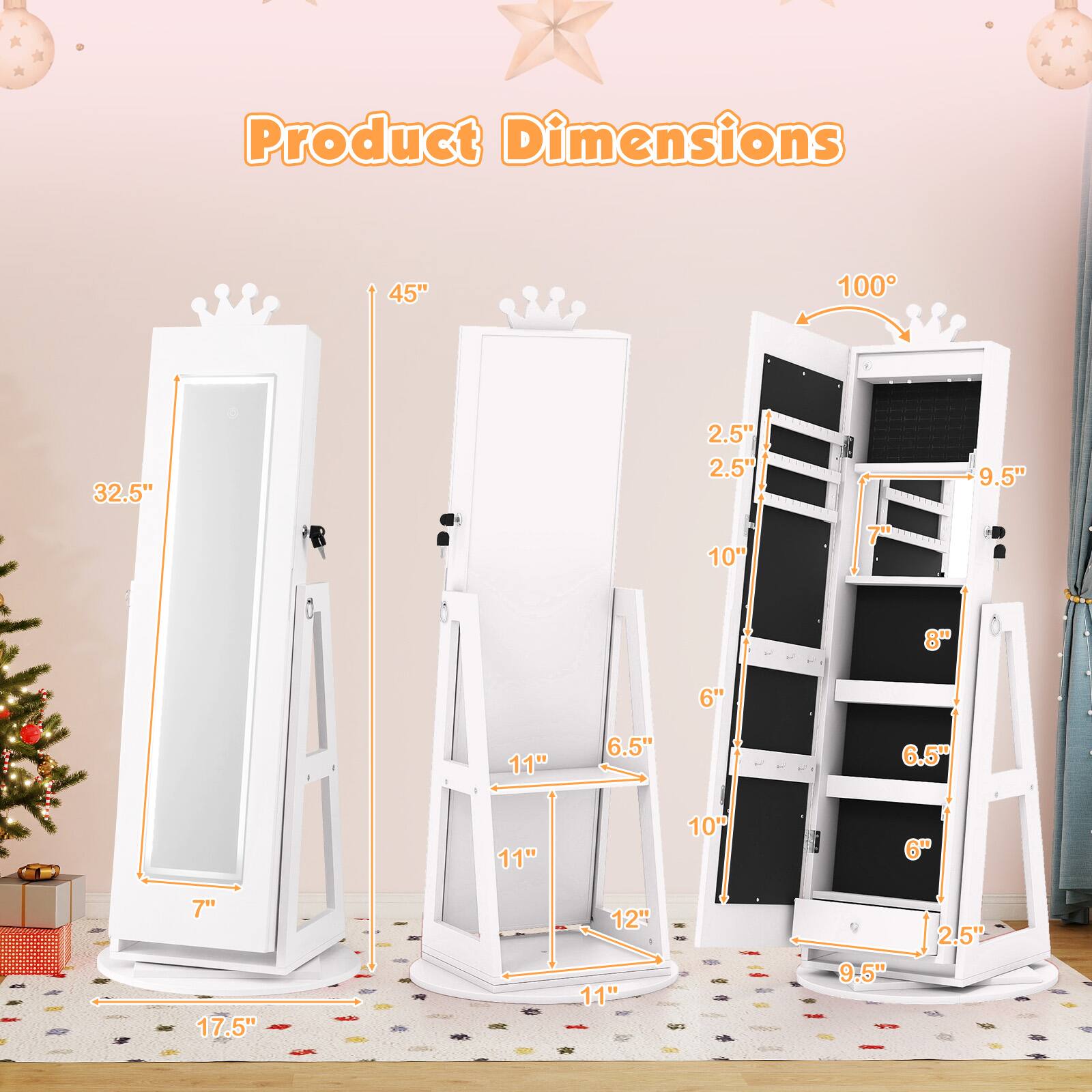 Product Dimensions

- Height: 45"
- Width: 32.5"
- Depth: 10"
- Mirror Height: 32.5"
- Mirror Width: 17.5"
- Door Height: 11"
- Door Width: 6.5"
- Shelf Height: 10"
- Shelf Depth: 6"
- Drawer Height: 2.5"
- Drawer Width: 11"
- Drawer Depth: 6.5"
- Shelf Height: 12"
- Shelf Depth: 9.5"
- Shelf Height: 11"
- Shelf Depth: 2.5"
- Total Height: 100°