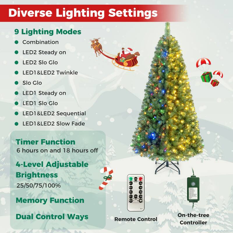 Diverse Lighting Settings

9 Lighting Modes
- Combination
- LED2 Steady on
- LED2 Slo Glo
- LED1&LED2 Twinkle
- Slo Glo
- LED1 Steady on
- LED1 Slo Glo
- LED1&LED2 Sequential
- LED1&LED2 Slow Fade

Timer Function
- 6 hours on and 18 hours off

4-Level Adjustable Brightness
- 25/50/75/100%

Memory Function

Dual Control Ways
- Remote Control
- On-the-tree Controller