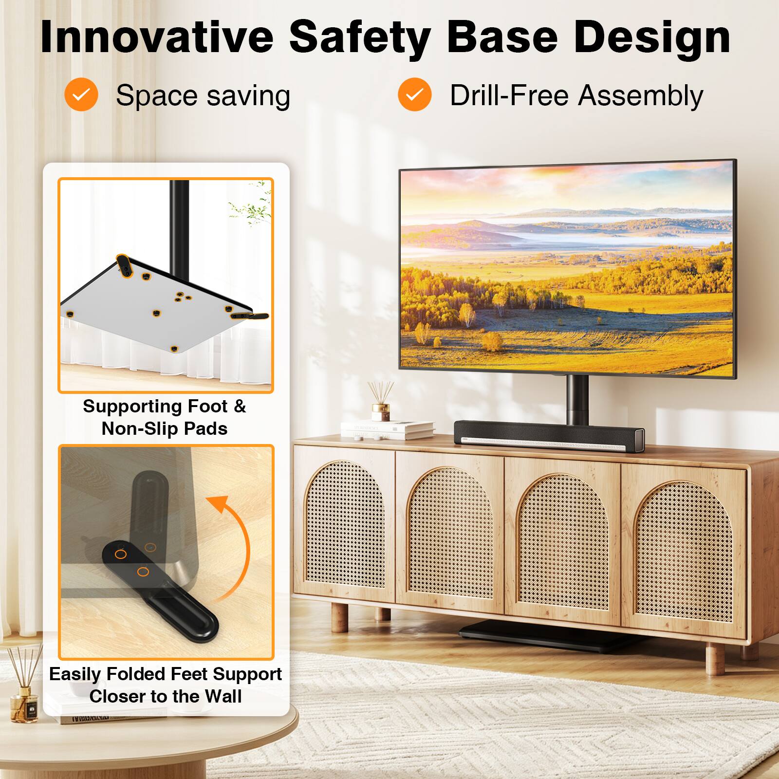 Innovative Safety Base Design  
Space saving  
Drill-Free Assembly  

Supporting Foot & Non-Slip Pads  

Easily Folded Feet Support Closer to the Wall  

CULTUM