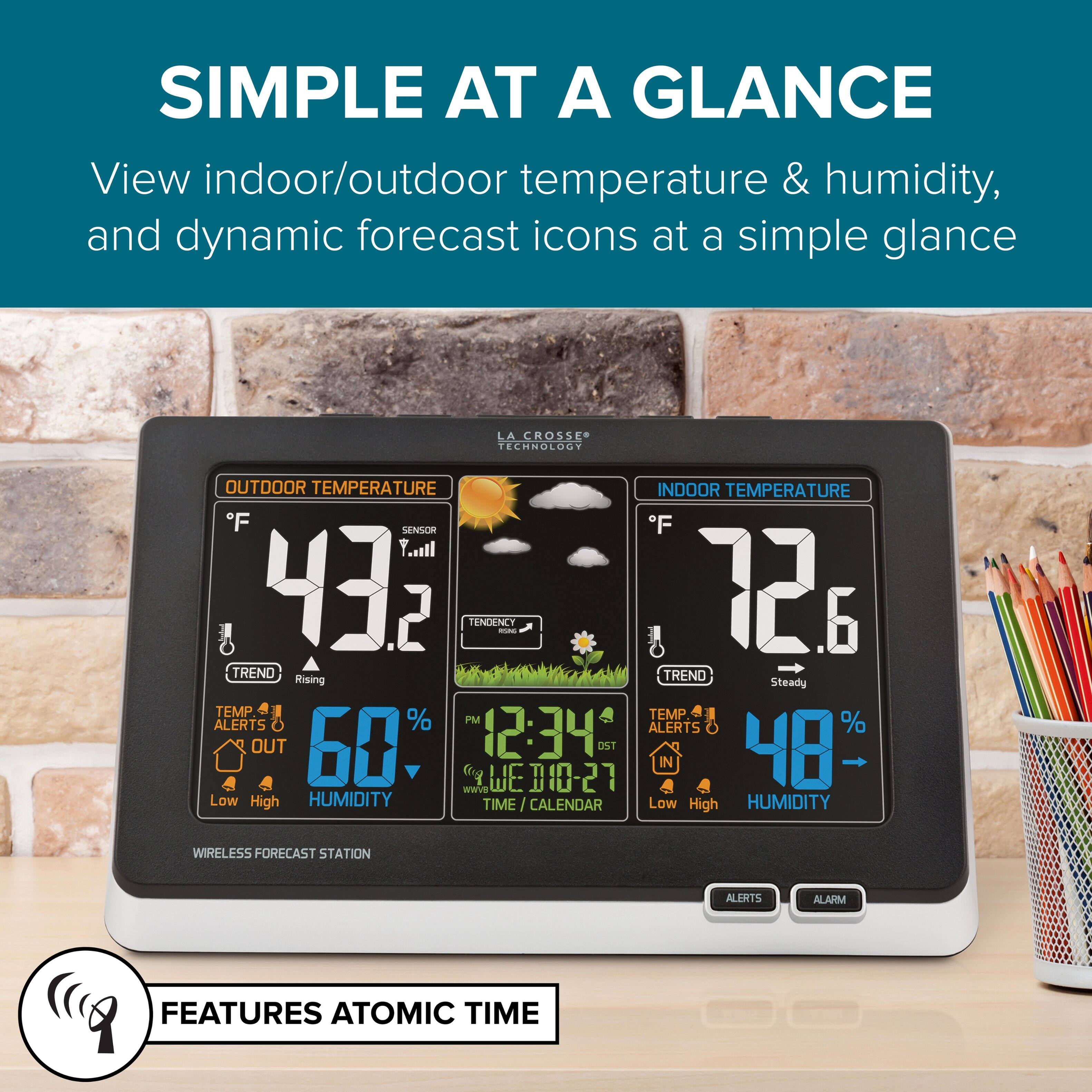 **SIMPLE AT A GLANCE**

View indoor/outdoor temperature & humidity, and dynamic forecast icons at a simple glance

**OUTDOOR TEMPERATURE**  
43.2°F  
TREND: Rising  
TEMP ALERTS OUT  
60% HUMIDITY  
PM 12:34  
TIME / CALENDAR  
Low High

**INDOOR TEMPERATURE**  
72.6°F  
TREND: Steady  
TEMP ALERTS IN  
48% HUMIDITY  
Low High

**WIRELESS FORECAST STATION**

**FEATURES ATOMIC TIME**