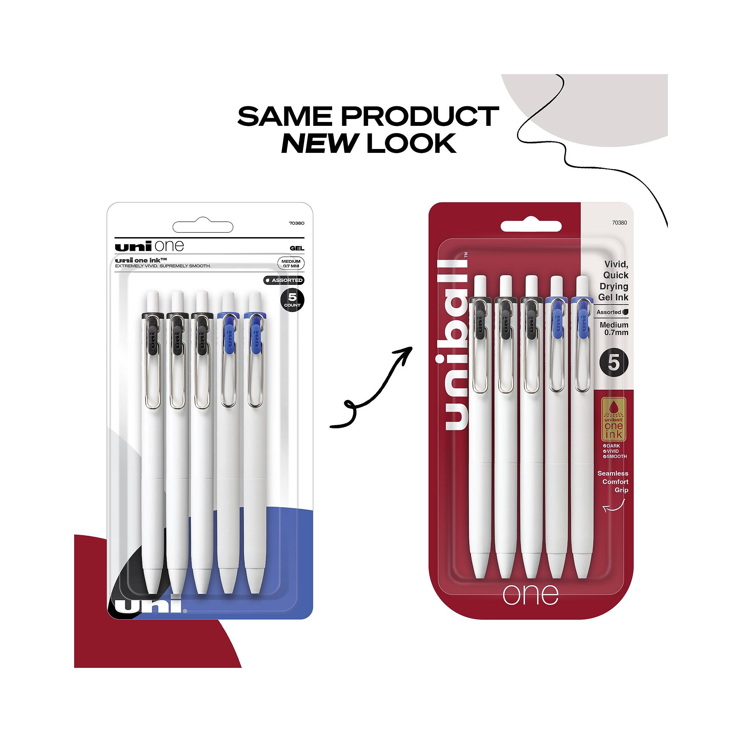 SAME PRODUCT NEW LOOK  
70380 uni one GEL uni one ink MEDIUM EXTREMELY SMOOTH as MM 4 ASSORTED 5 COUNT uniball one  
70080 Vivid, Quick Drying Gel Ink Assorted Medium 0.7mm 5 Moding one ink SOARK SVIID SSMOOTH Seamless Comfort Grip