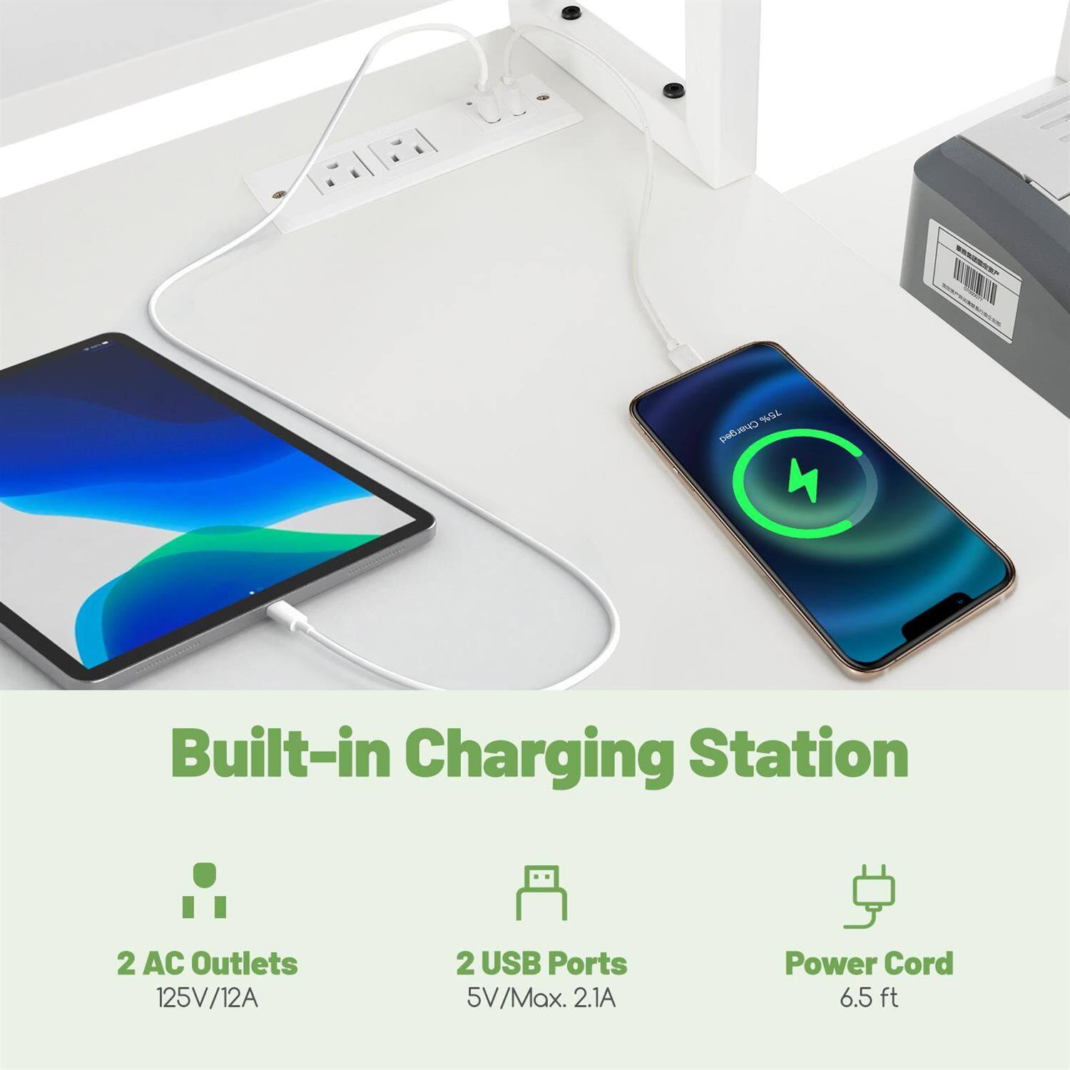 WS Charged Built-in Charging Station  
2 AC Outlets 125V/12A  
2 USB Ports 5V/Max. 2.1A  
Power Cord 6.5 ft