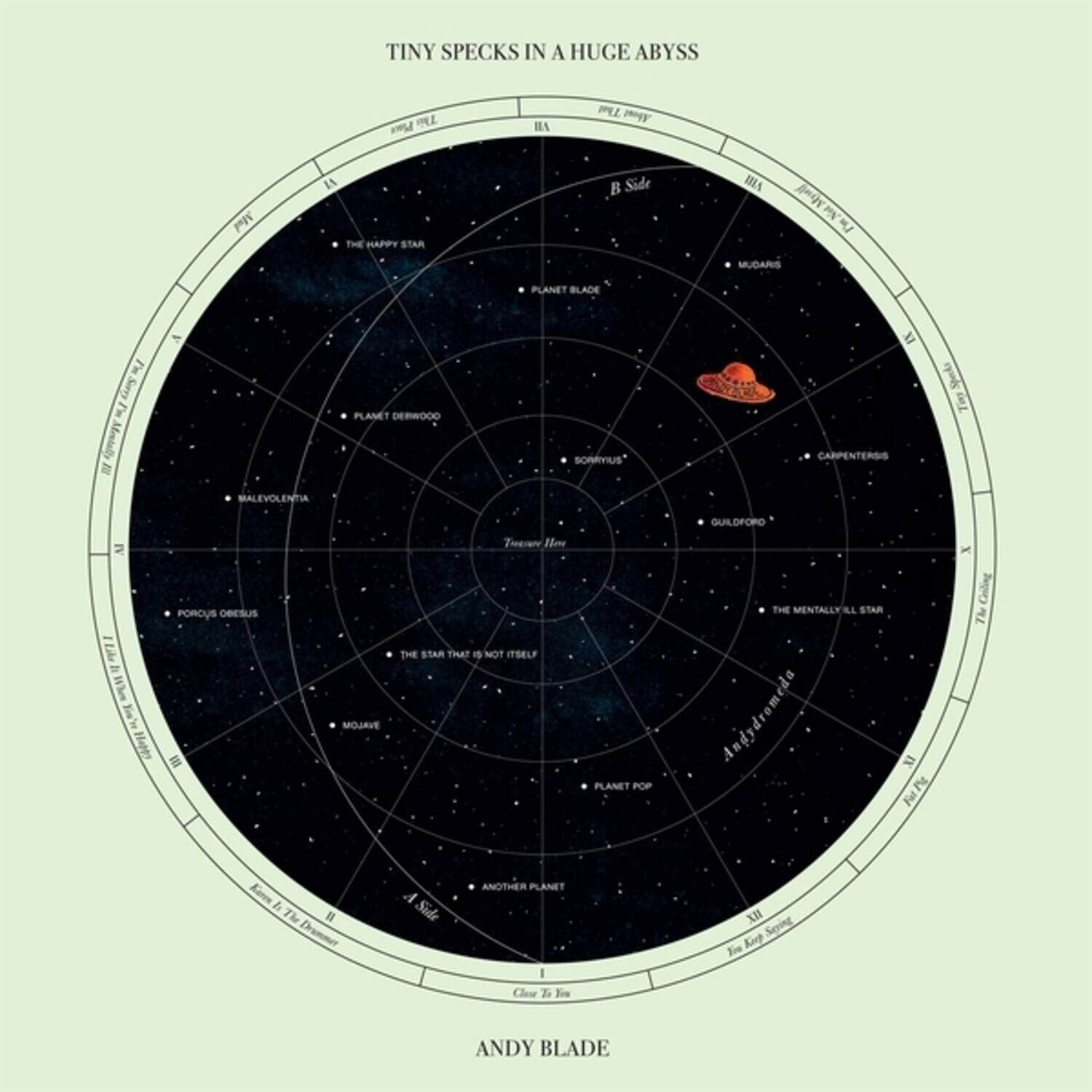 TINY SPECKS IN A HUGE ABYSS

A Side
1. THE HAPPY STAR
2. PLANET DERWOOD
3. MALEVOLENTIA
4. THE STAR THAT IS NOT ITSELF
5. PLANET POP
6. ANOTHER PLANET
7. ANDROMEDA
8. THE MENTALLY ILL STAR

B Side
1. MUDARIS
2. PLANET BLACK
3. SORRYIUS
4. CARPENTERIS
5. GUILDFORD
6. THE STAR THAT IS NOT ITSELF
7. ANDY BLADE

Andy Blade