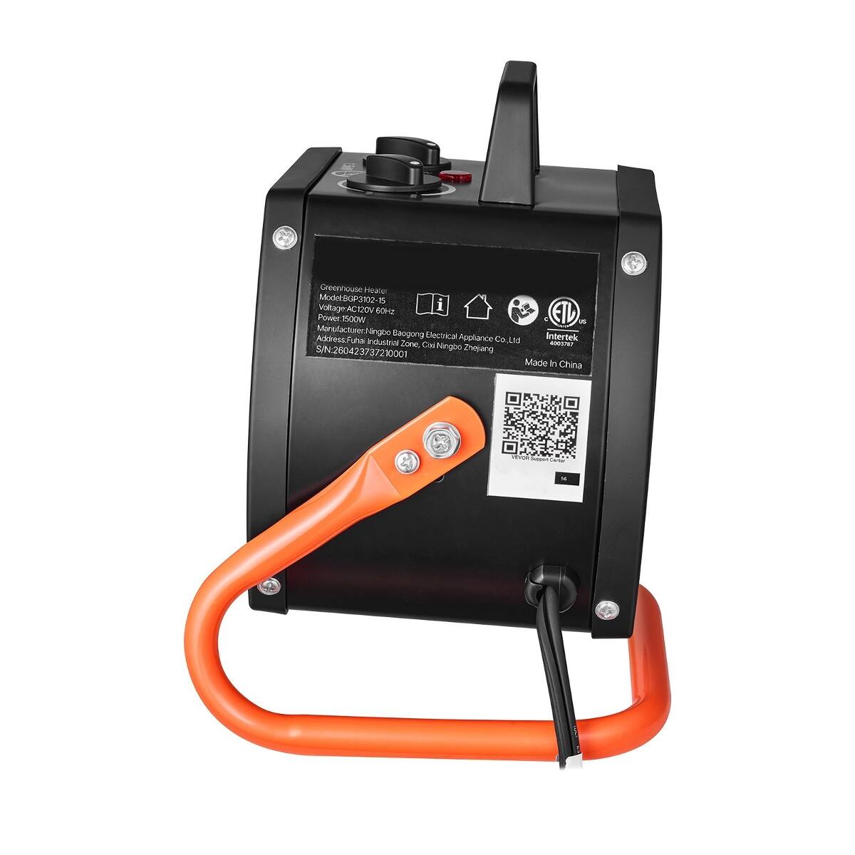 Greenhouse Heater  
Model: BGP3102-15  
Voltage: 120V  
Power: 1500W  
Frequency: 60Hz  
Manufacturer: Baogong Electrical Appliance Co., Ltd  
Address: Fuhua Industrial Zone, Ningbo, Zhejiang, China  
S/N: 260423737100001  
Made in China