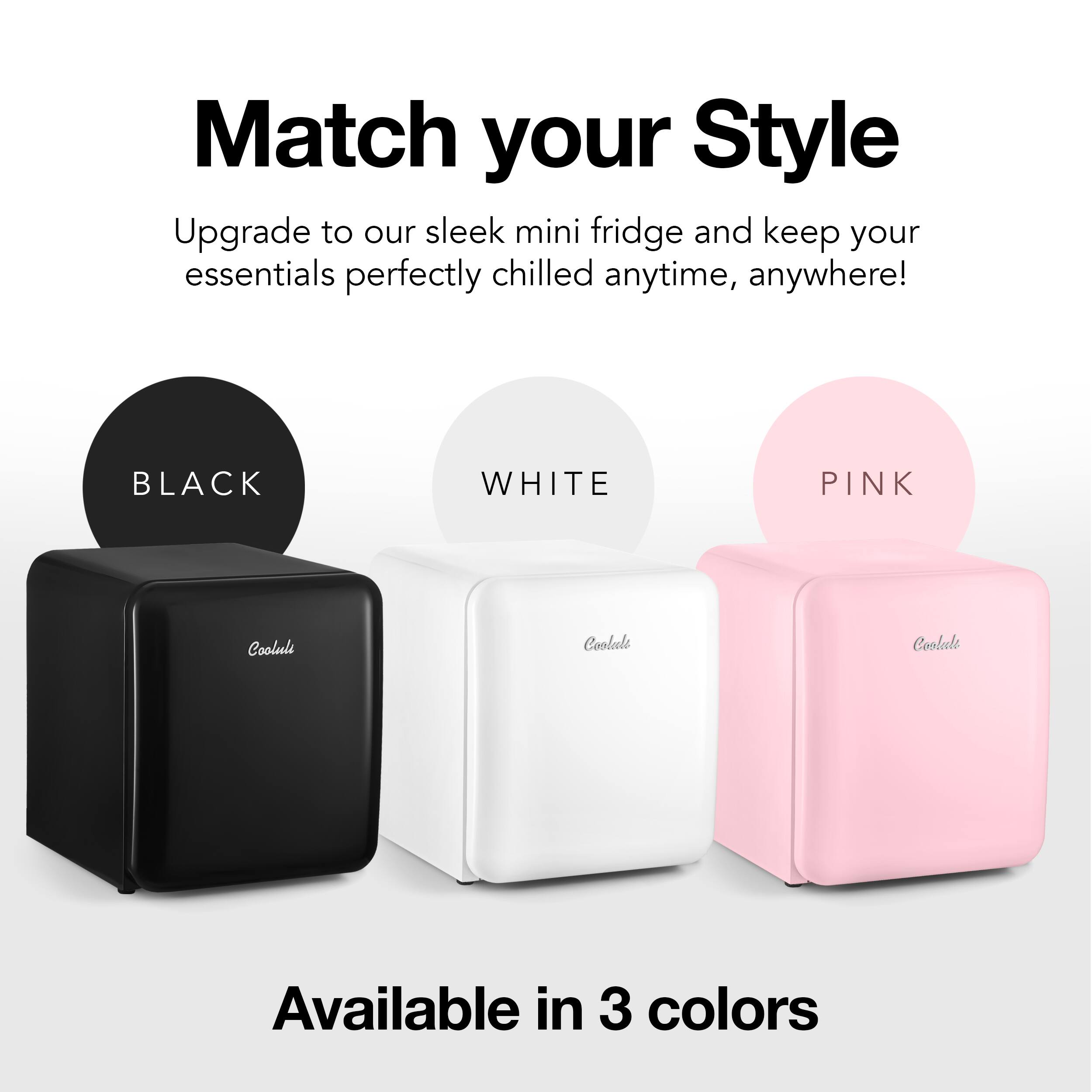 Match your Style: Upgrade to our sleek mini fridge and keep your essentials perfectly chilled anytime, anywhere! Available in 3 colors: BLACK, WHITE, PINK.
