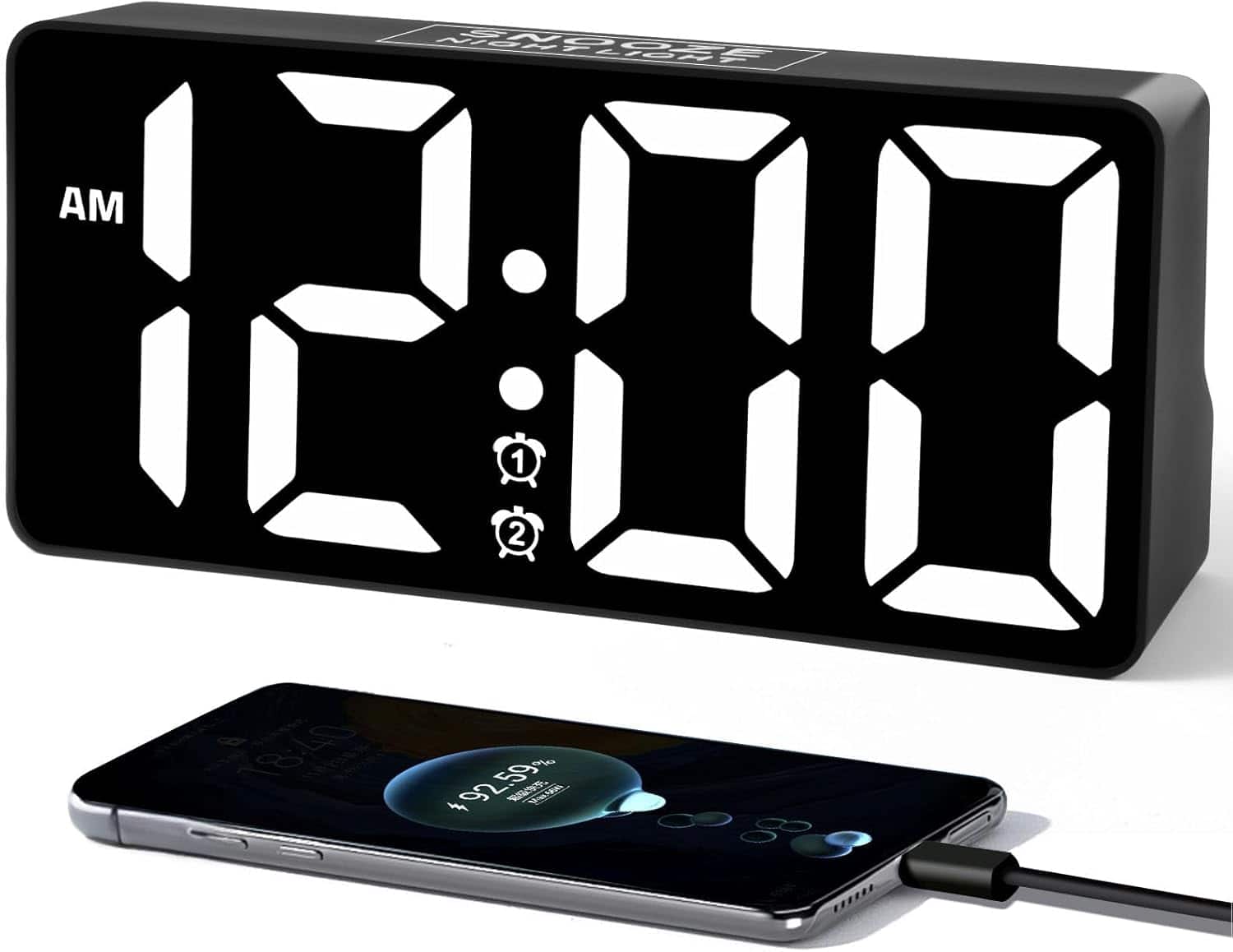 Stamp n Camp - PPLEE Alarm Clock for Bedroom with Night Light & Bold Digits-7 in Digital Dual Alarms USB Charger Ports,Battery Loud - White Digit-black Case