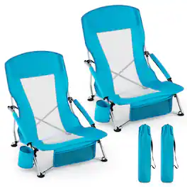 Gymax - 2PCS Folding Beach Chairs Portable Lightweight Low Seat Chairs w/Padded Armrests - Blue