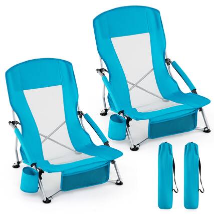 Front. Gymax - Gymax 2PCS Folding Beach Chairs Portable Lightweight Low Seat Chairs w/Padded Armrests - Blue.