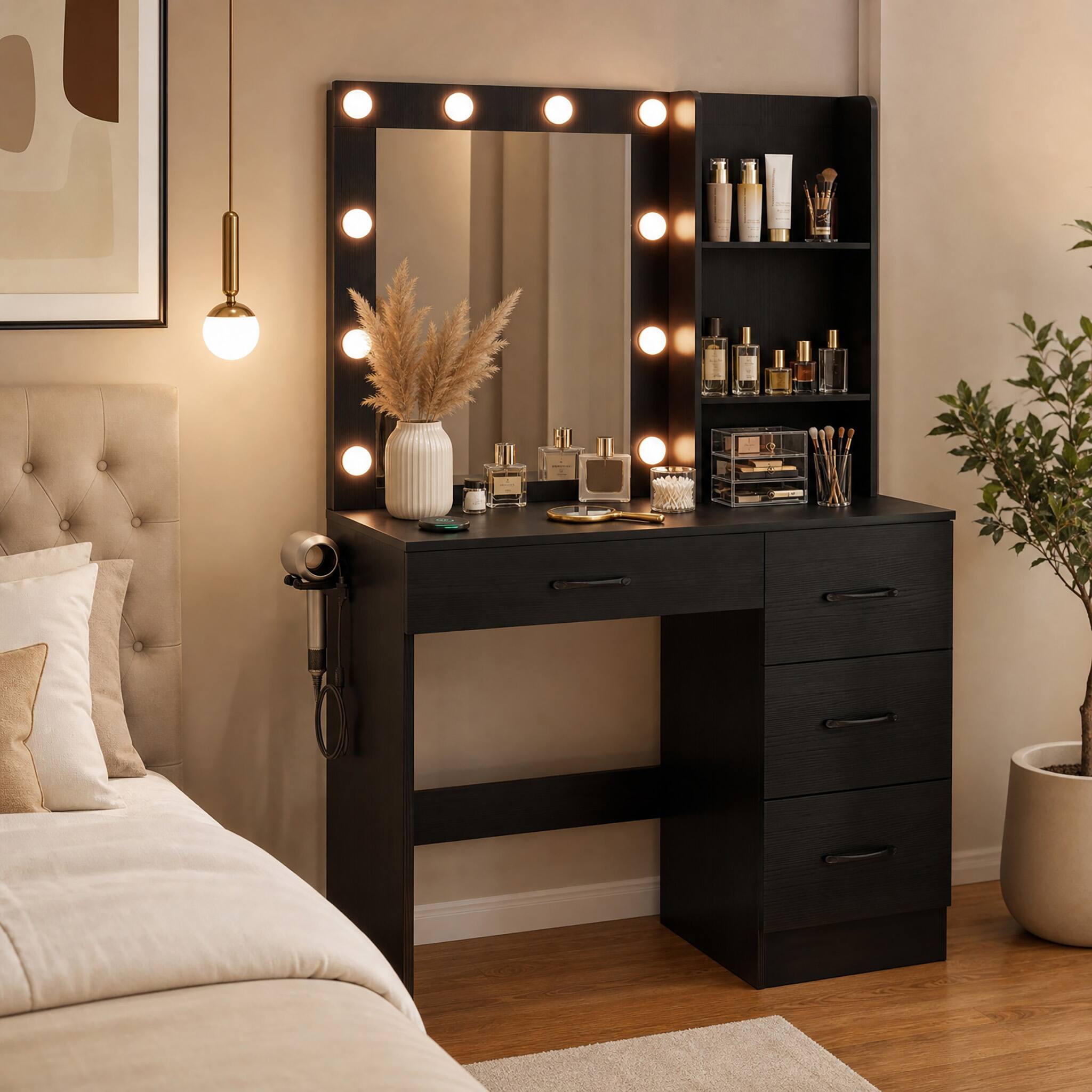Angle. WELLFOR - Makeup Vanity with 3 Color Lighted Mirror & Charging Station, Modern Vanity Desk with 4 Large Drawers - Black.