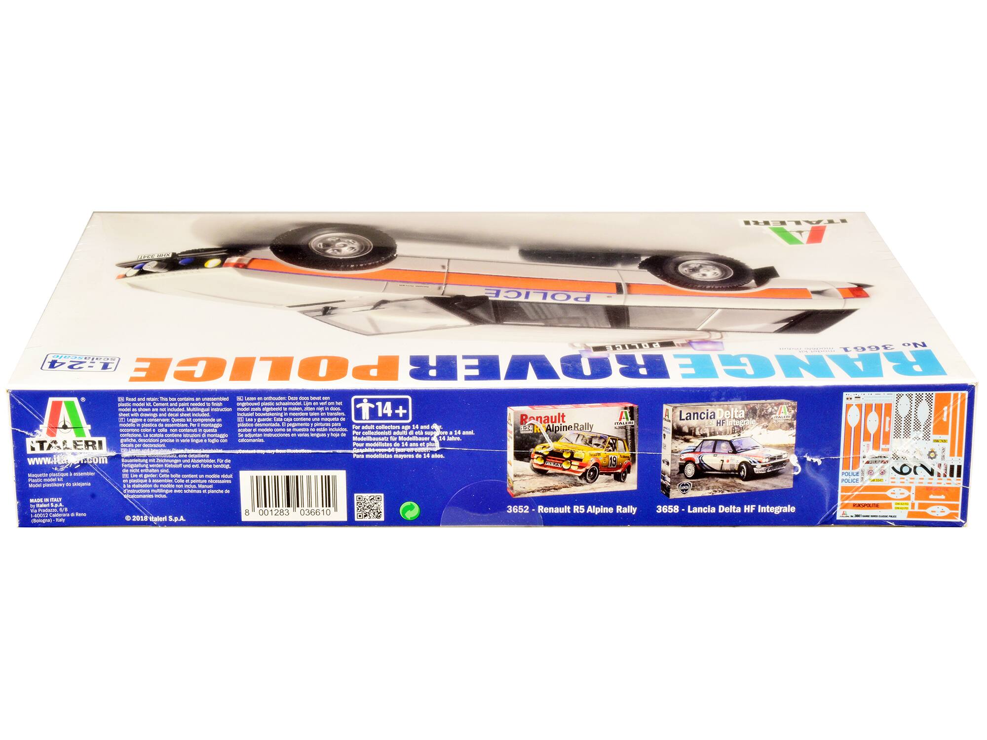 Sure, here is the corrected and grouped text from the image:

---

**Front of the Box:**

- **Brand:** Taleri
- **Model:** Renault R5 Alpine Rally
- **Year:** 1993
- **Scale:** 1:24
- **Police Theme**

**Back of the Box:**

- **Left Side:**
  - **Model:** Renault R5 Alpine Rally
  - **Catalog Number:** 3652
  - **Age Recommendation:** 14+
  - **Warning:** Not suitable for children under 14 years.
  - **Made in Italy**
  - **Barcode:** 8 001283 036610 3
  - **Website:** www.taleri.com
  - **Address:** Via delle Sclavine 10, 04015 Roma, Italy
  - **Phone:** +39 06 946 01283
  - **Email:** info@taleri.com
  - **Copyright:** © 2019 Taleri S.p.A.

- **Center:**
  - **Model:** Lancia
