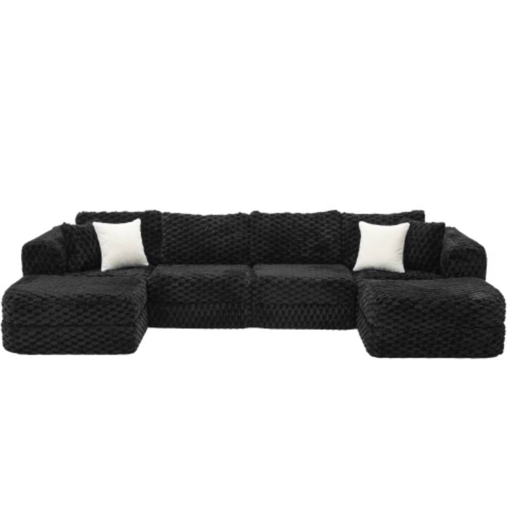Alt View 2. LUCKY ONE - 135.4" Modular Boneless Sectional Sofa w/ Two Movable Ottomans Bubble Velvet - Black.