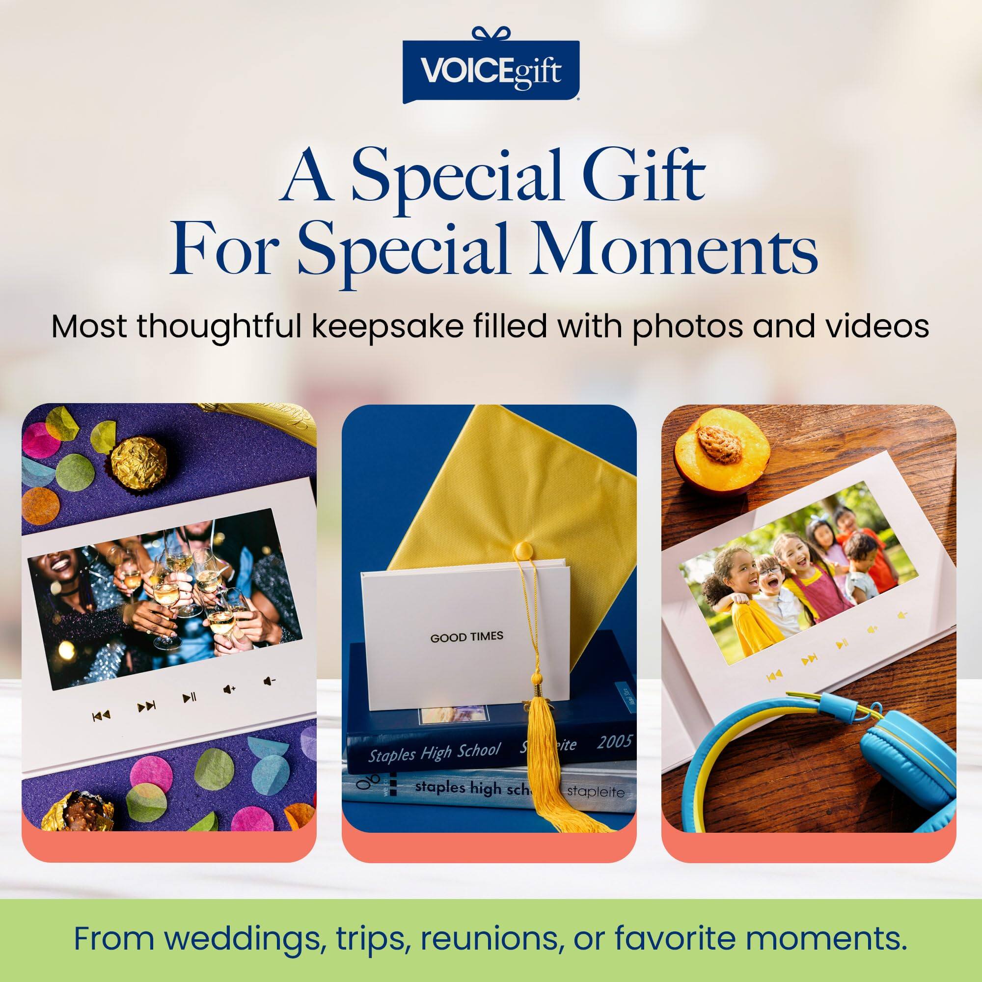 VOICEgift  
A Special Gift For Special Moments  
Most thoughtful keepsake filled with photos and videos  

From weddings, trips, reunions, or favorite moments.  

GOOD TIMES  
Staples High School  
2005  
stapleite