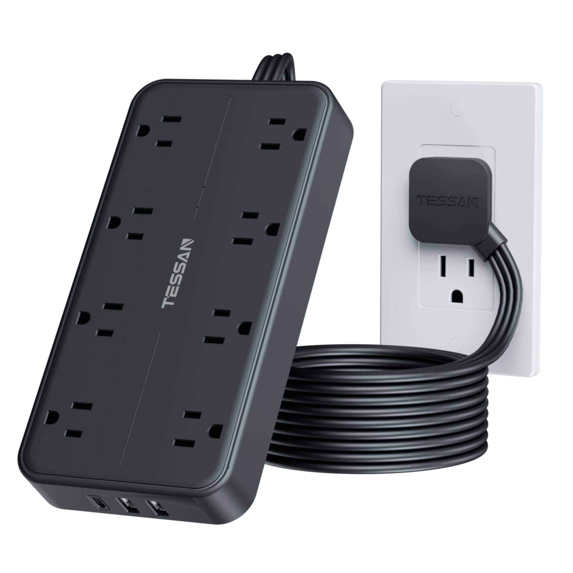 TESSAN - 1080J Protection, 6 Ft Flat Plug,Surge Protector Power Strip with 8 Outlets and 3 USB Ports(1 USB C) - Black